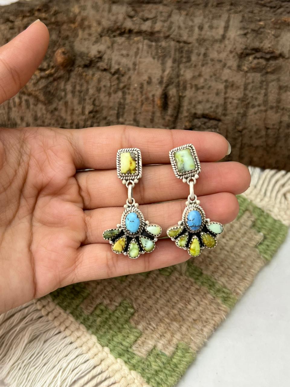 Handmade Sterling Silver Palomino with Golden Hills Turquoise Post Dangle Earrings "Signed Nizhoni"