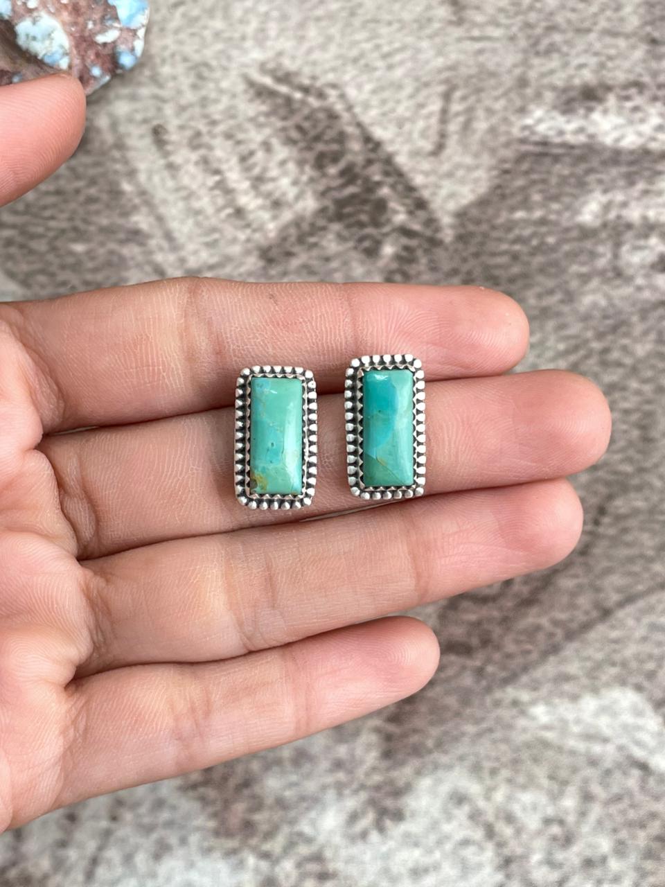 Handmade Sterling Silver Kingman Turquoise Post Studs with Signed Nizhoni