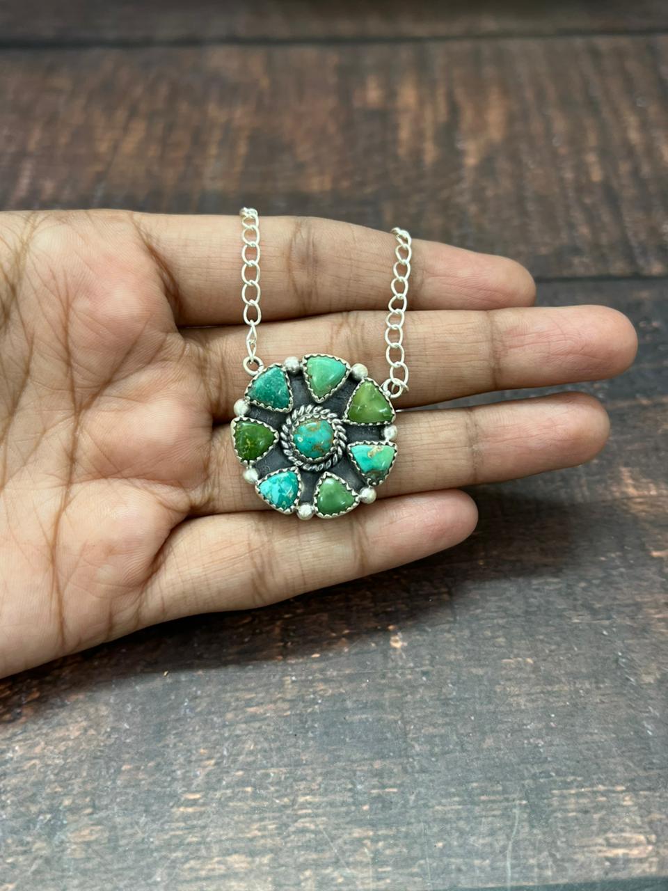 Handmade Sterling Silver Emerald Valley Turquoise Necklace "Signed Nizhoni"