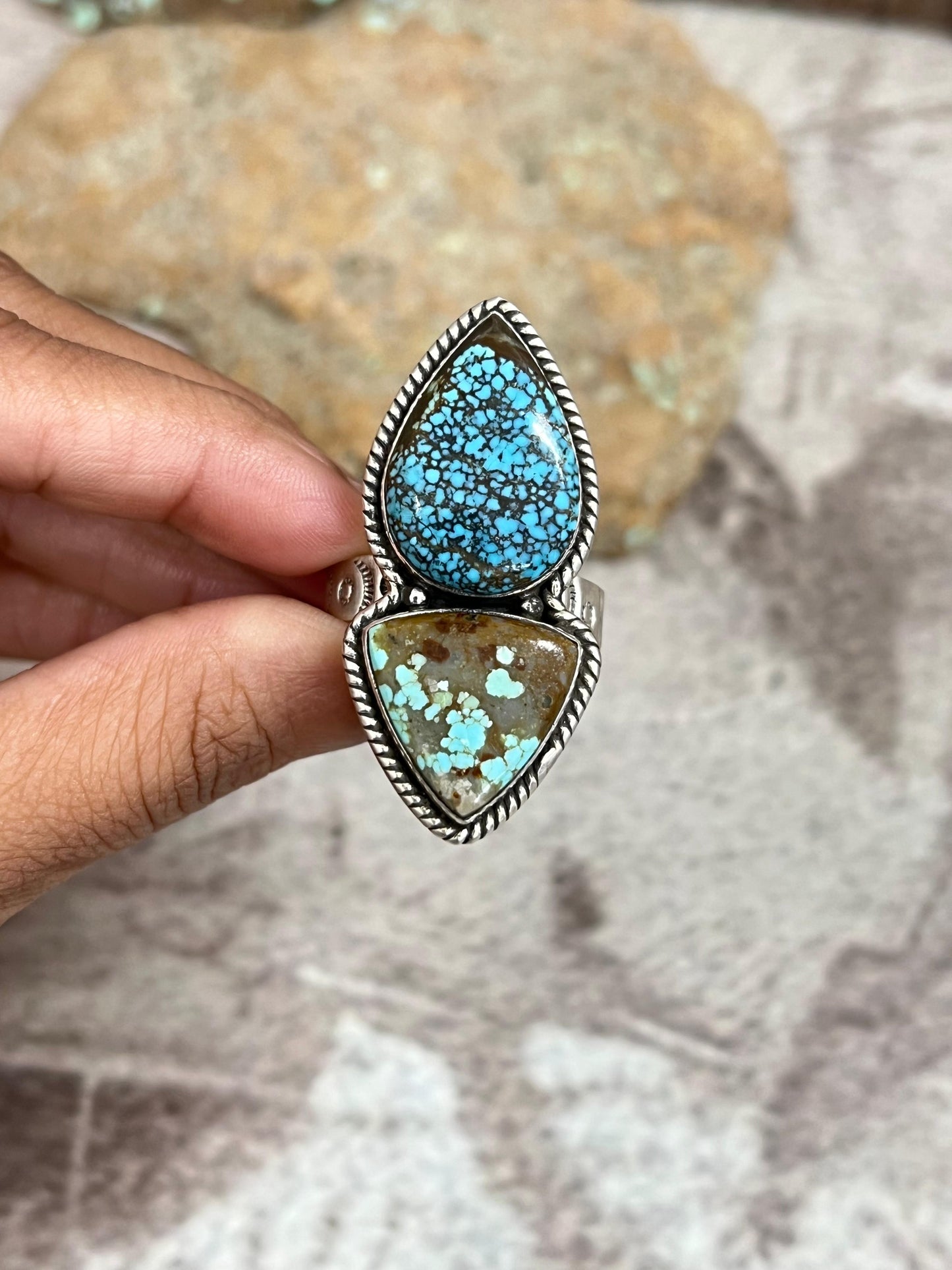 Handmade Sterling Silver Number 8 Turquoise Adjustable Ring with Signed Nizhoni