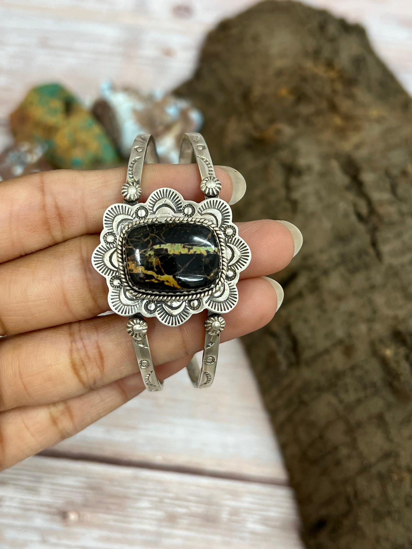 Handmade Sterling Silver Black Jack Cuff Bracelet with Signed Nizhoni