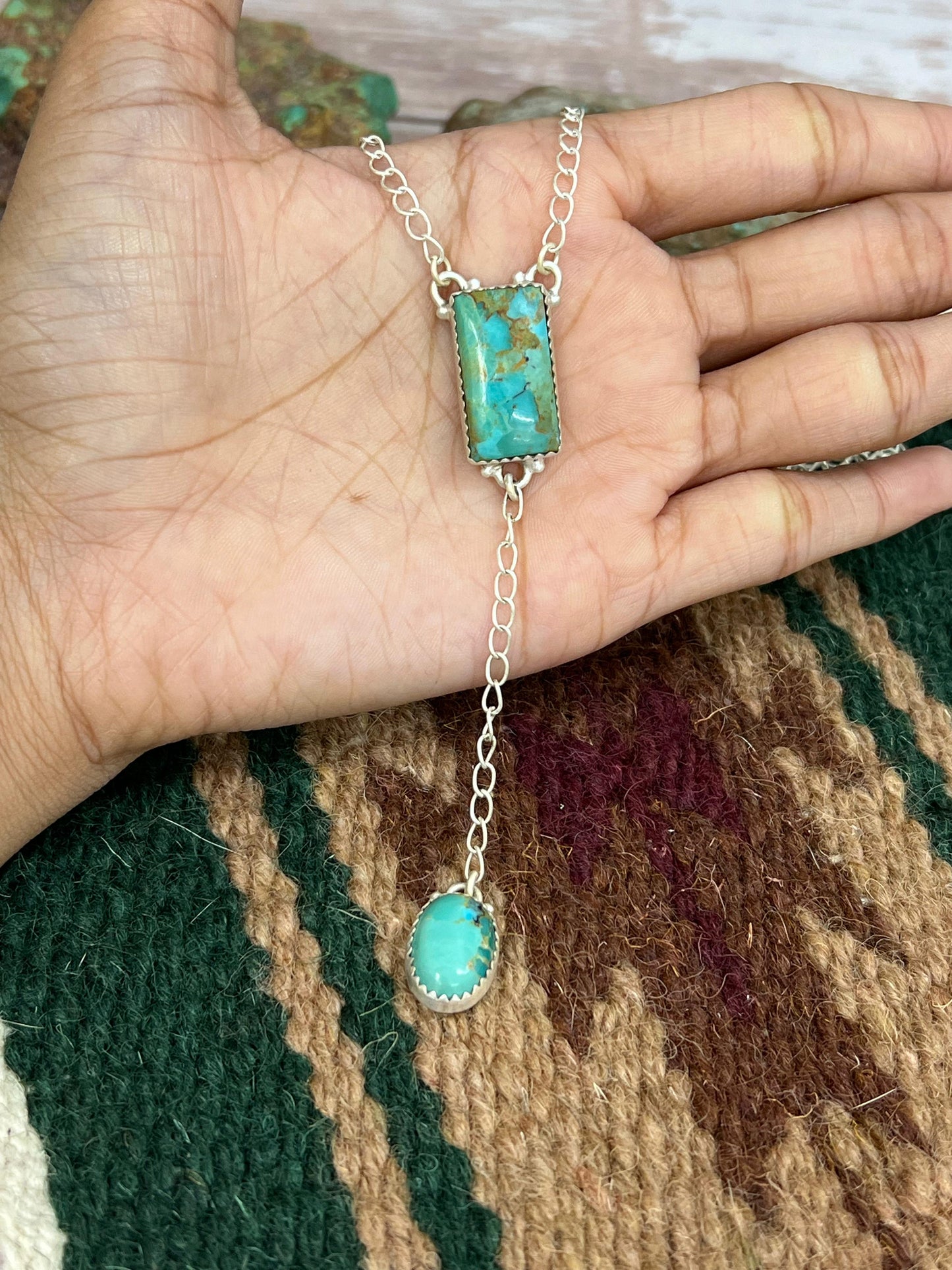 Handmade Sterling Silver Kingman Turquoise Lariat Necklace Signed Nizhoni