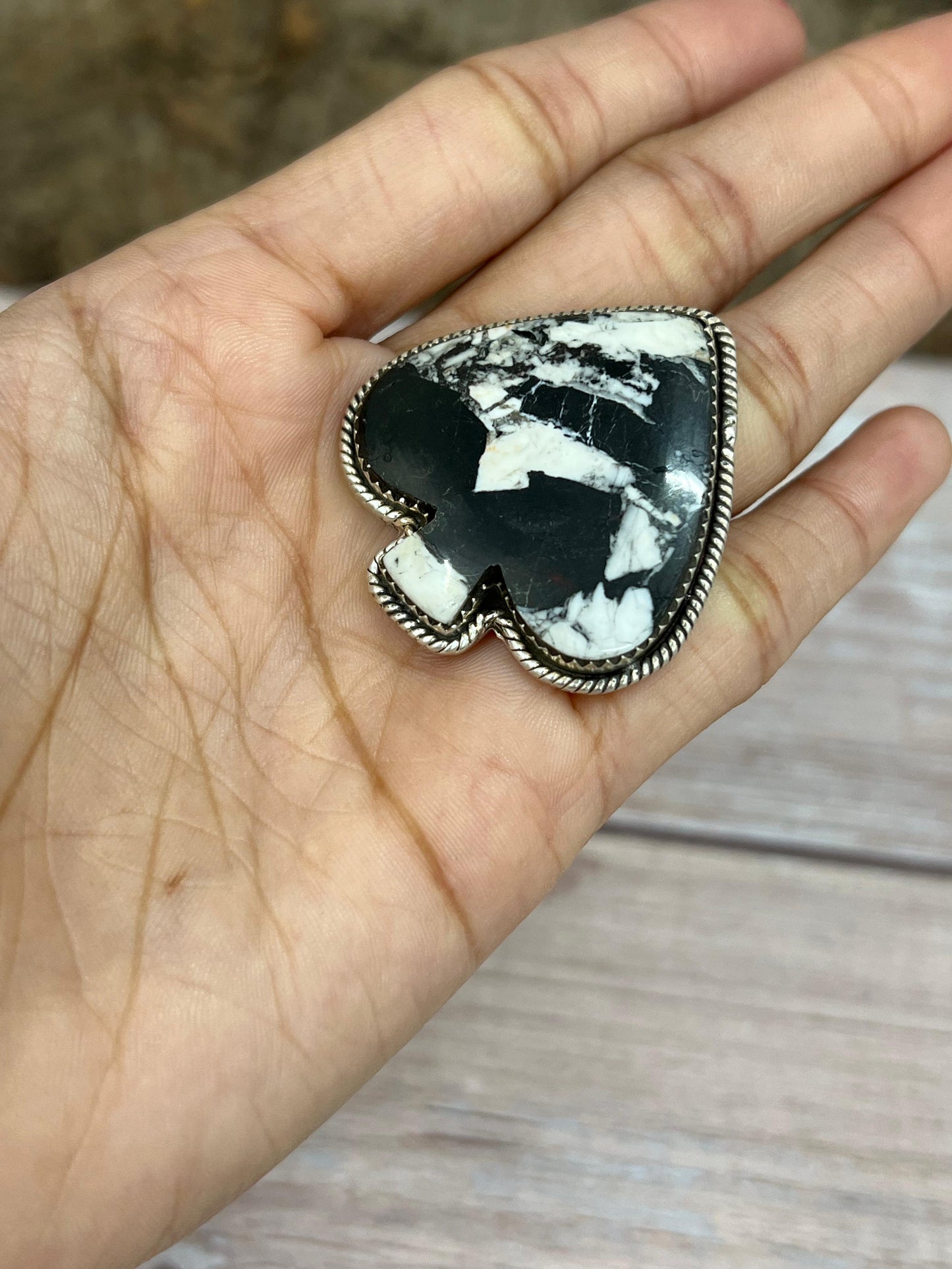 Handmade Sterling Silver White Buffalo Spade Adjustable Ring Signed Nizhoni (4)