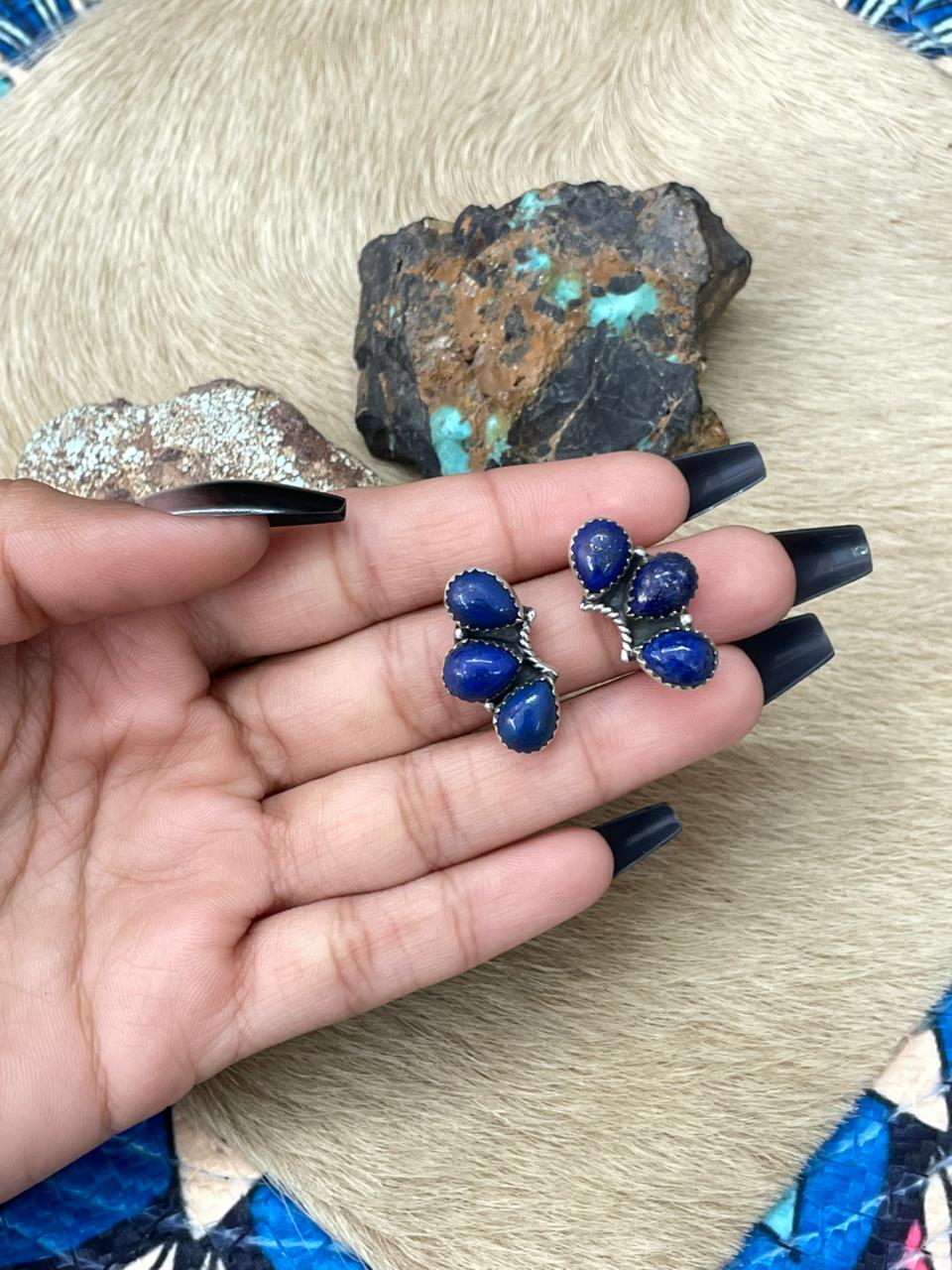 Handmade Sterling Silver Lapis Post Studs Earrings "Signed Nizhoni"