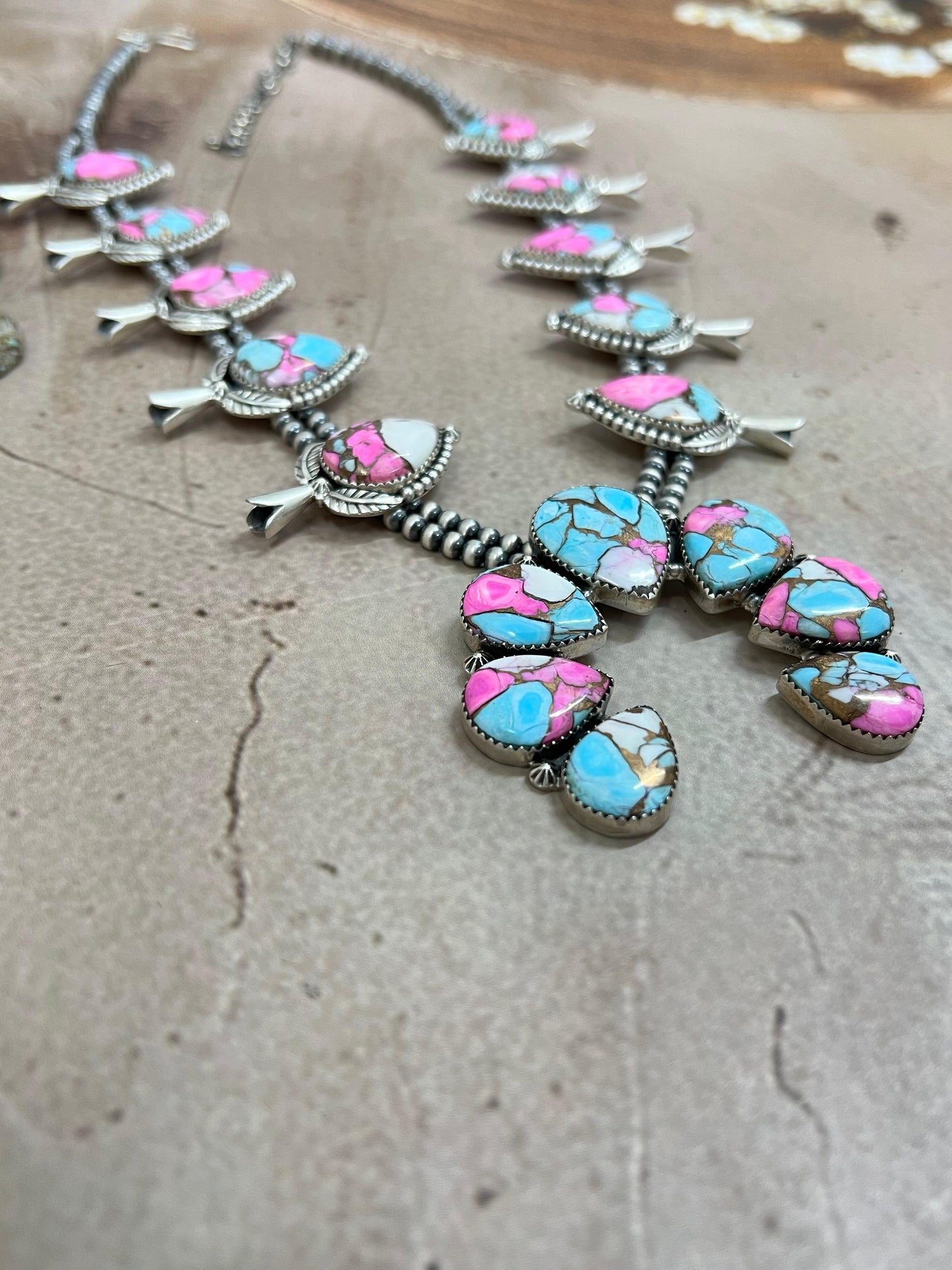 Handmade Sterling Silver Cotton Candy Turquoise Necklace with Signed Nizhoni