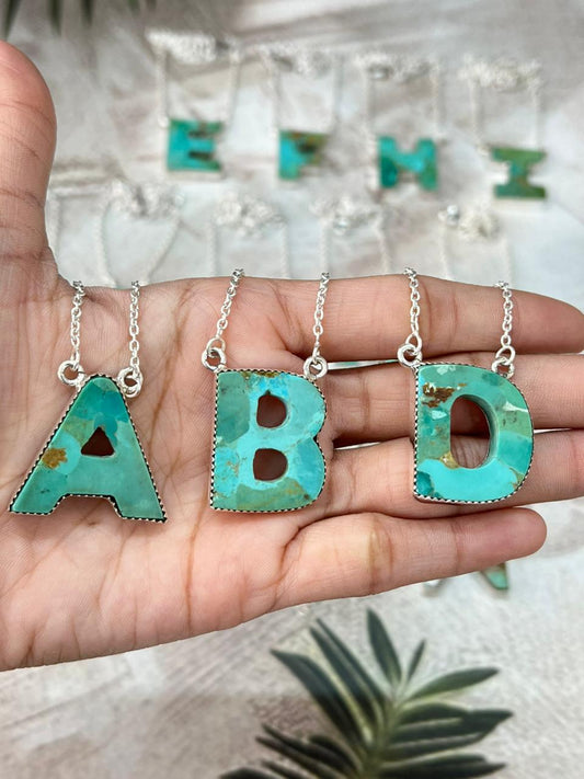 Handmade Sterling Silver Kingman Turquoise Multiple Letters Necklace with Signed Nizhoni