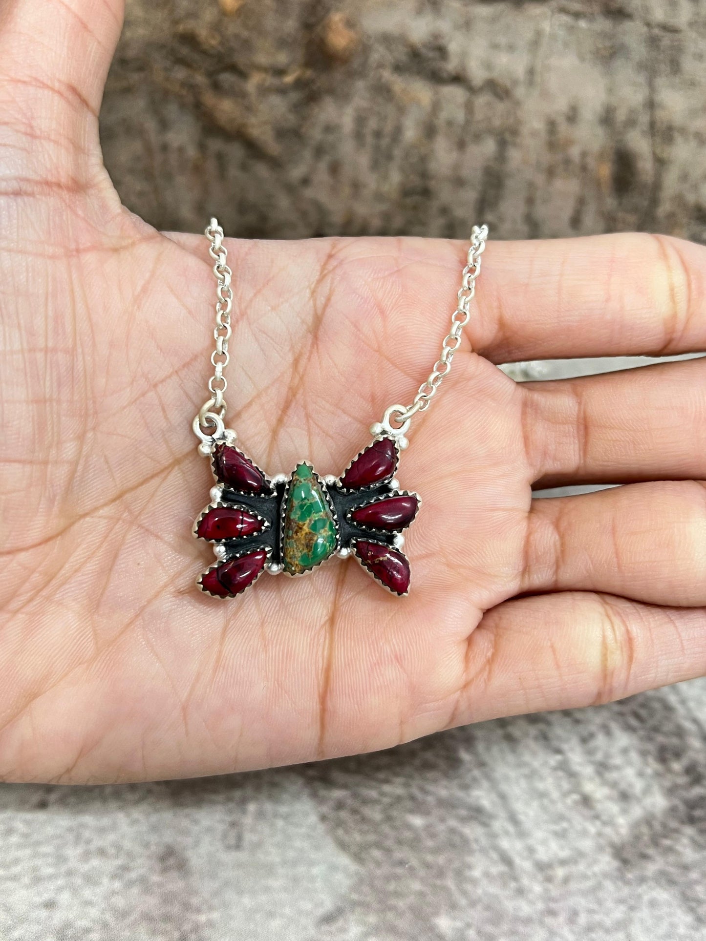Handmade Sterling Silver Dahlia Rose with Emerald Valley Butterfly Necklace with Signed Nizhoni