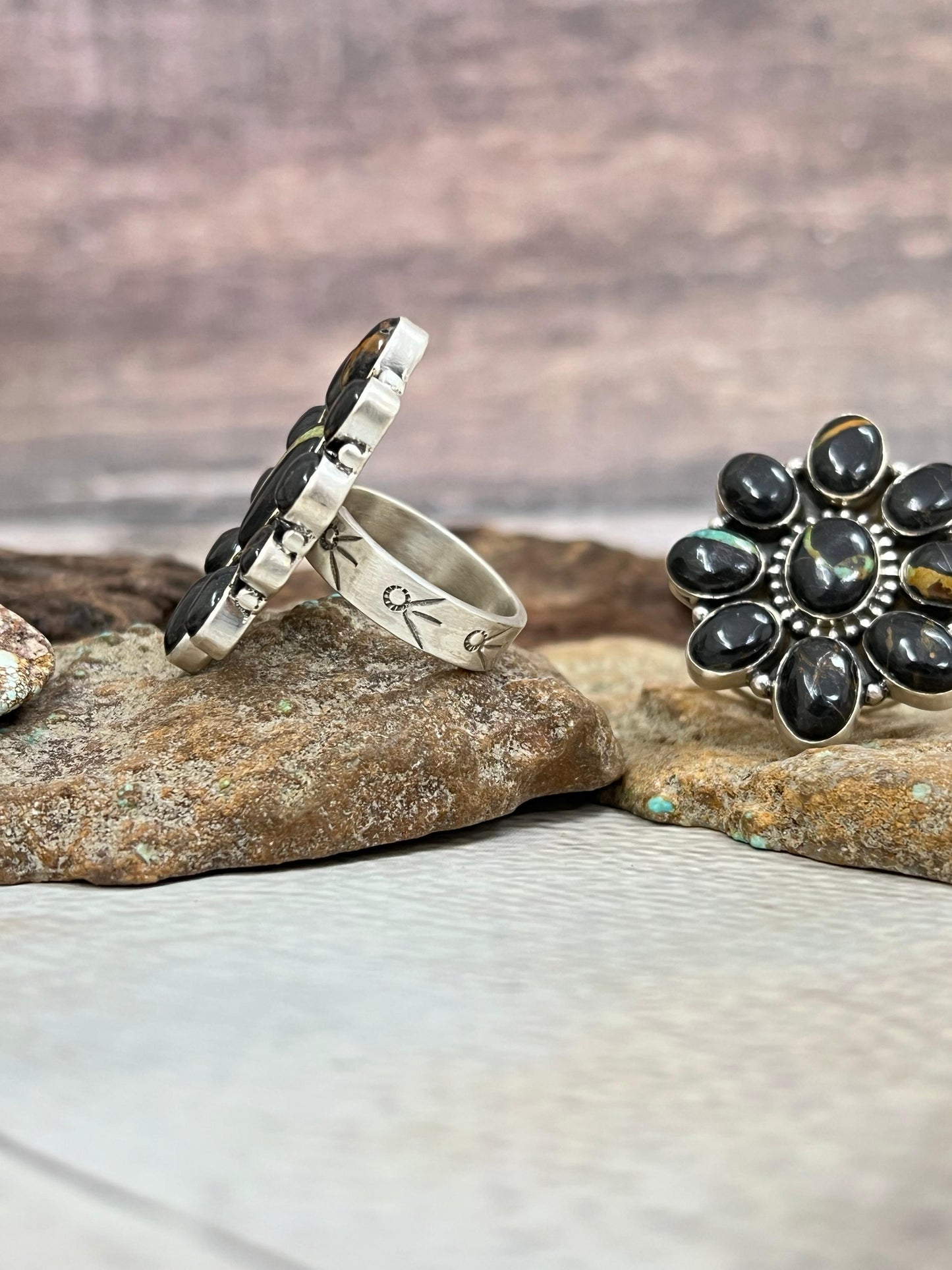 Handmade Sterling Silver Blackjack Turquoise Adjustable Ring Signed Nizhoni