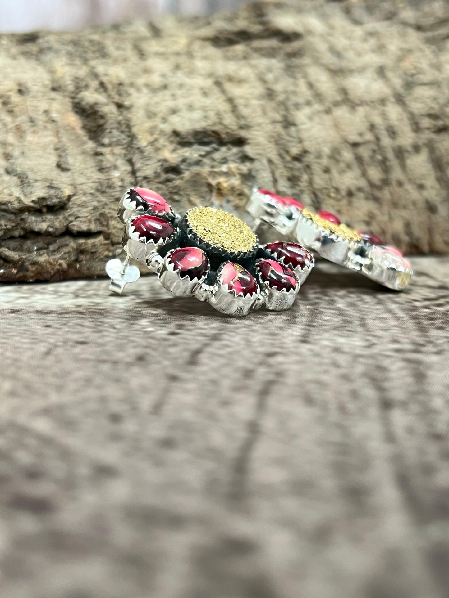 Handmade Sterling Silver Dahlia Rose with Druzy Post Earrings with Signed Nizhoni