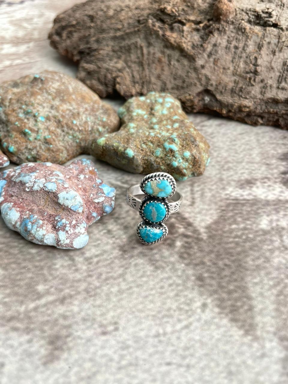 Handmade Sterling Silver White Water Turquoise Adjustable Ring with Signed Nizhoni