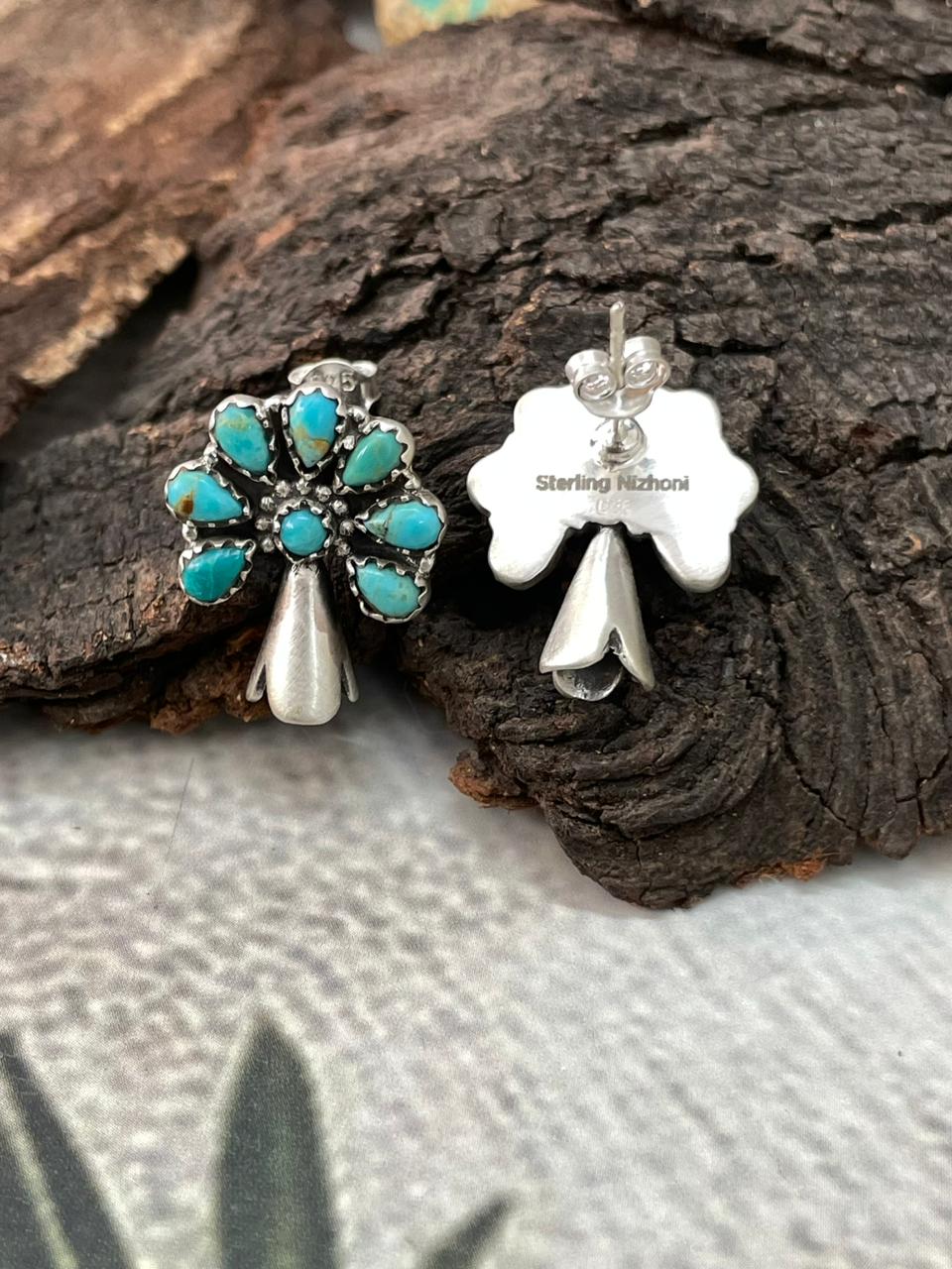 Handmade Sterling Silver Kingman Turquoise Blossom Studs Earrings "Signed Nizhoni"