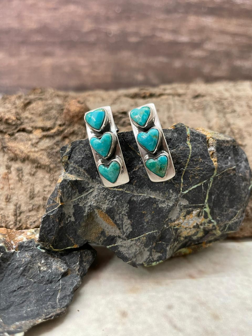 "Heart Collection" Handmade Sterling Silver Kingman Turquoise Post Studs Earrings "Signed Nizhoni"