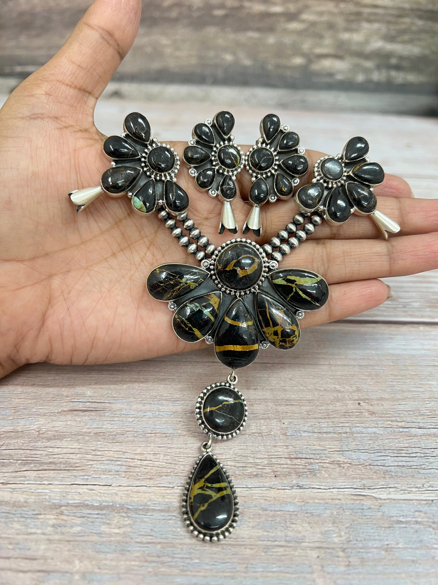 Handmade Sterling Silver Blackjack Turquoise Beaded Blossom Necklace Earrings Set with Signed Nizhoni