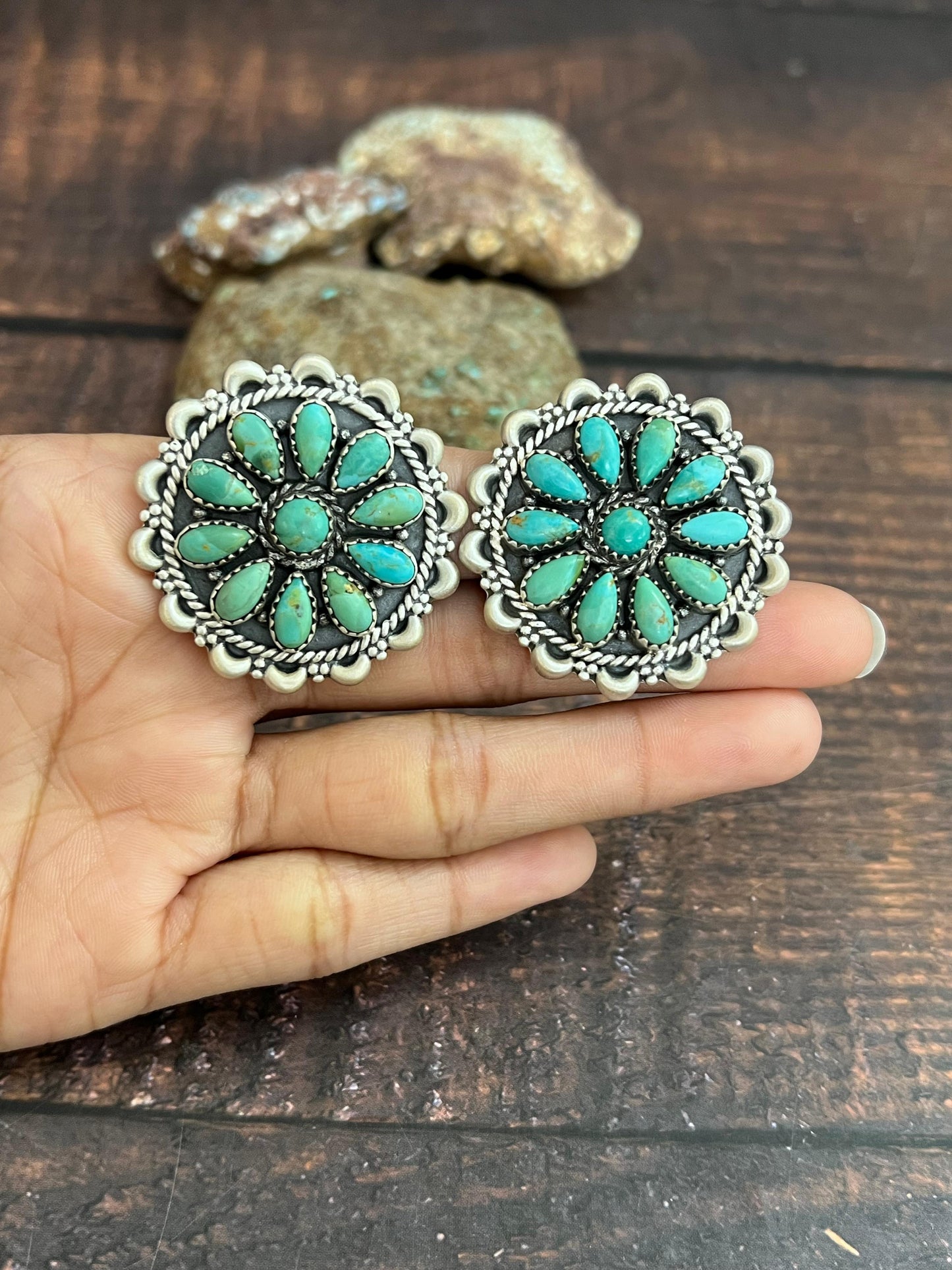 Handmade Sterling Silver Kingman Turquoise Studs with Signed Nizhoni