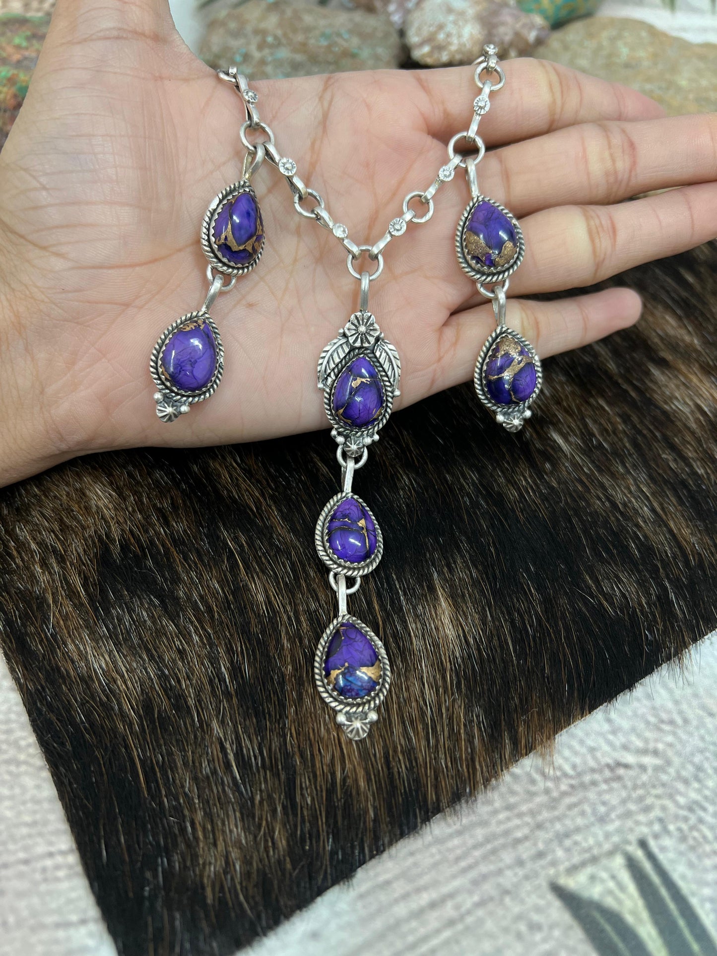 Handmade Sterling Silver Grape Dahlia Necklace with Signed Nizhoni