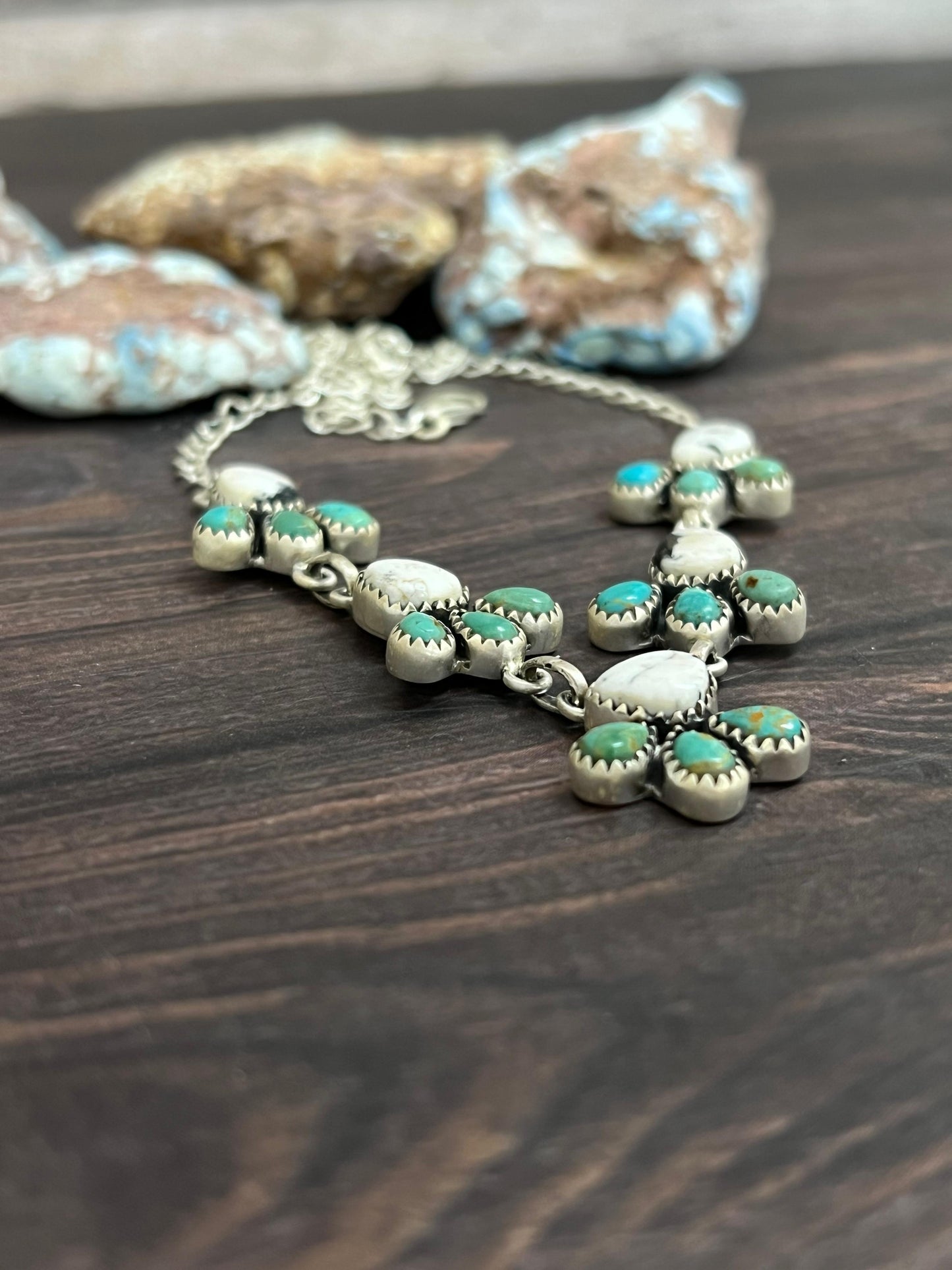 Handmade Sterling Silver Kingman with White Buffalo Necklace with Signed Nizhoni