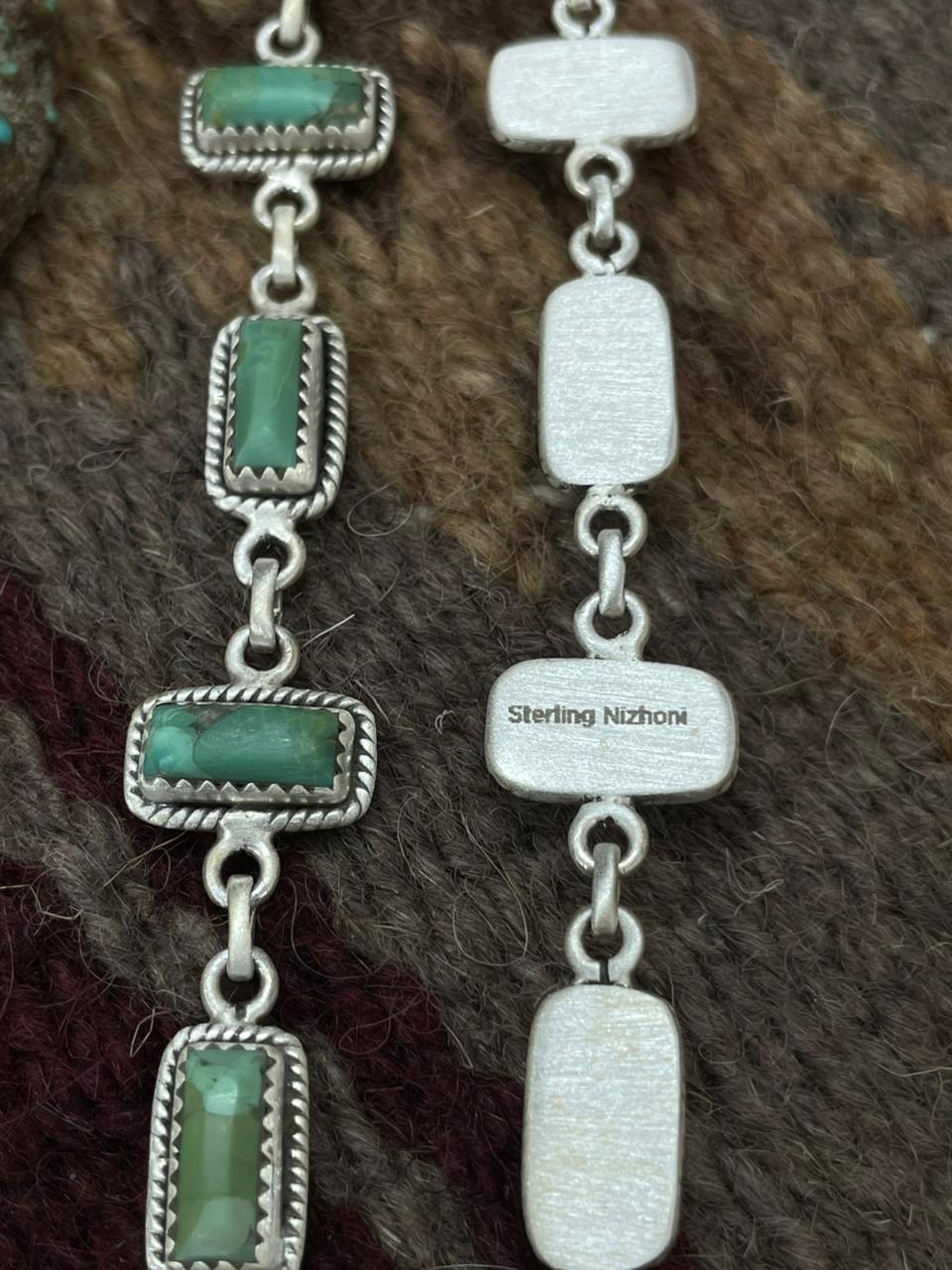 Handmade Sterling Silver Kingman Turquoise Post Dangle Earrings "Signed Nizhoni"