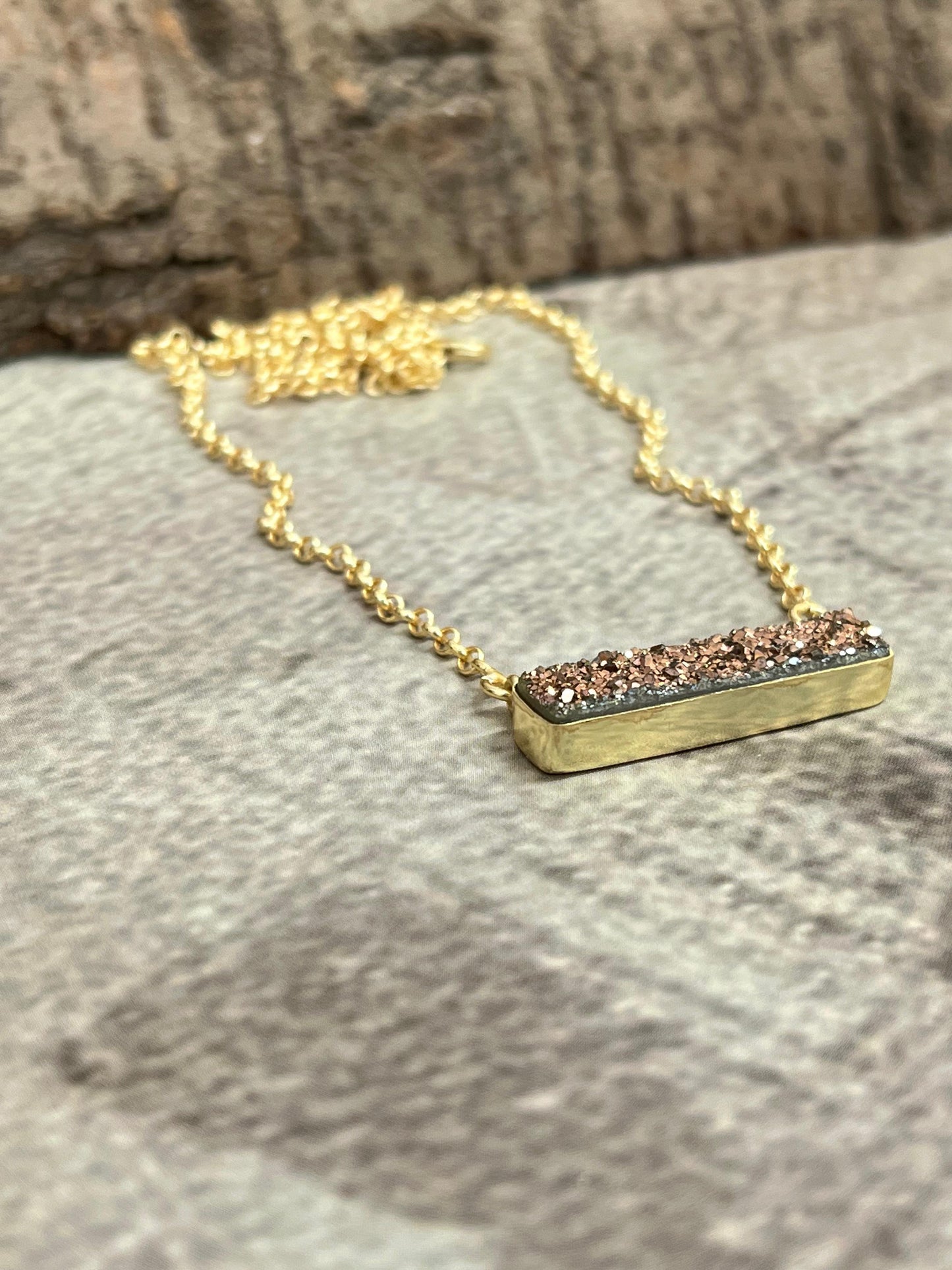 “The Boho Collection” Handmade Druzy Rose Gold Bar Necklace Signed Nizhoni