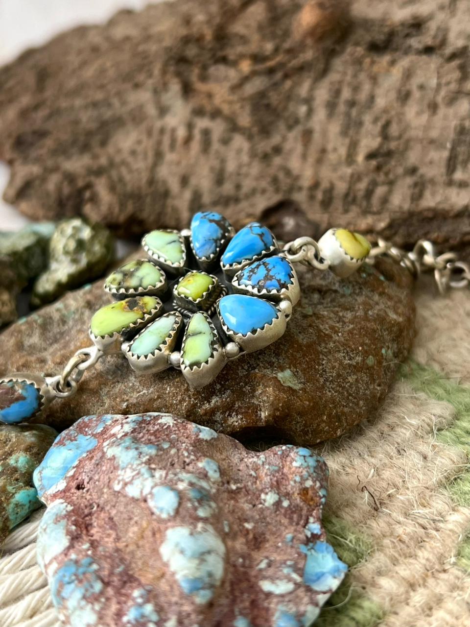 Handmade Sterling Silver Palomino with Golden Hills Turquoise Chain Bracelet "Signed Nizhoni"