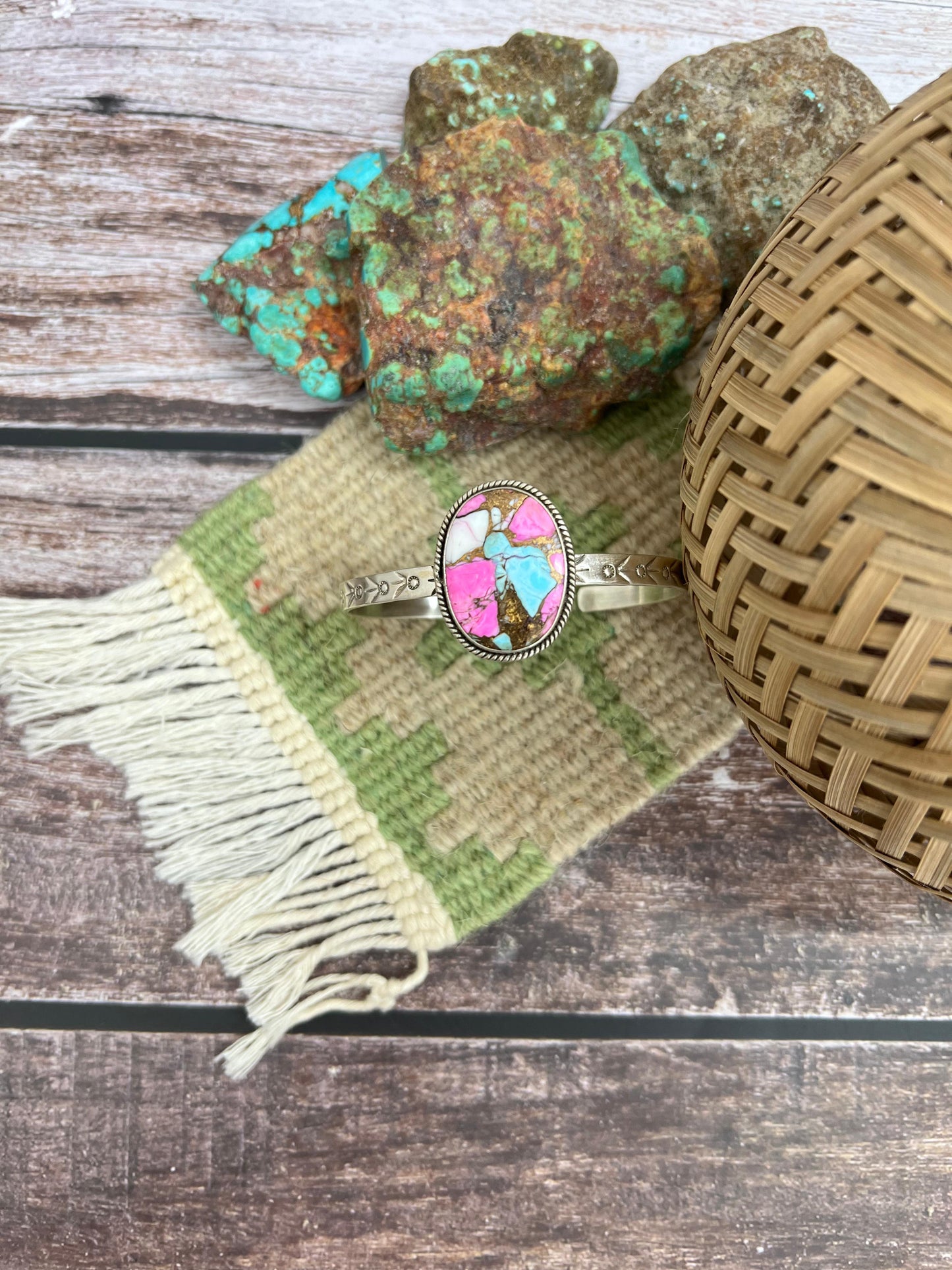 Handmade Sterling Silver Cotton Candy Turquoise Cuff Bracelet with Signed Nizhoni