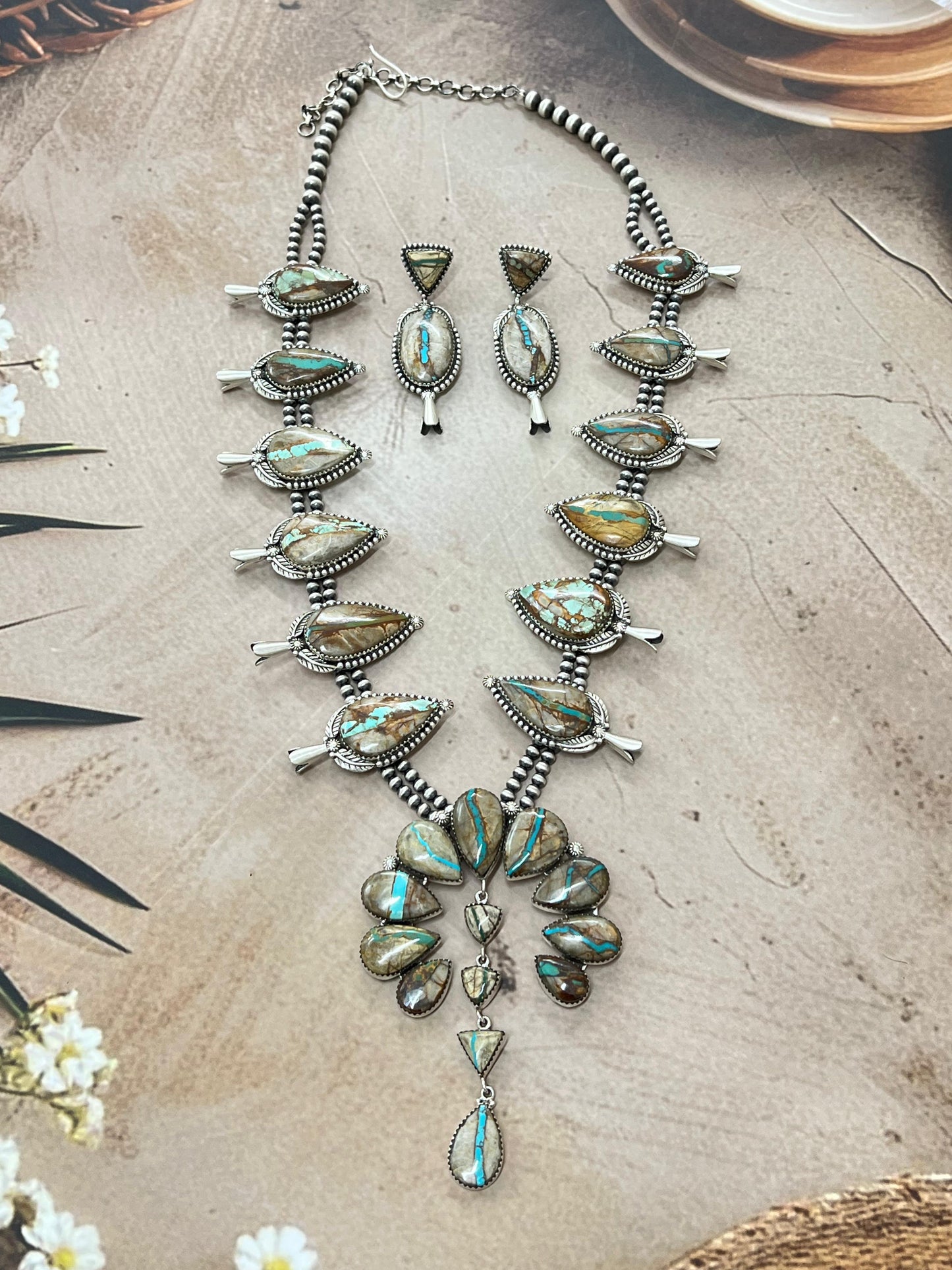 Handmade Sterling Silver Ribbon Royston Beaded Squash Blossom Necklace Earrings Set, Signed Nizhoni