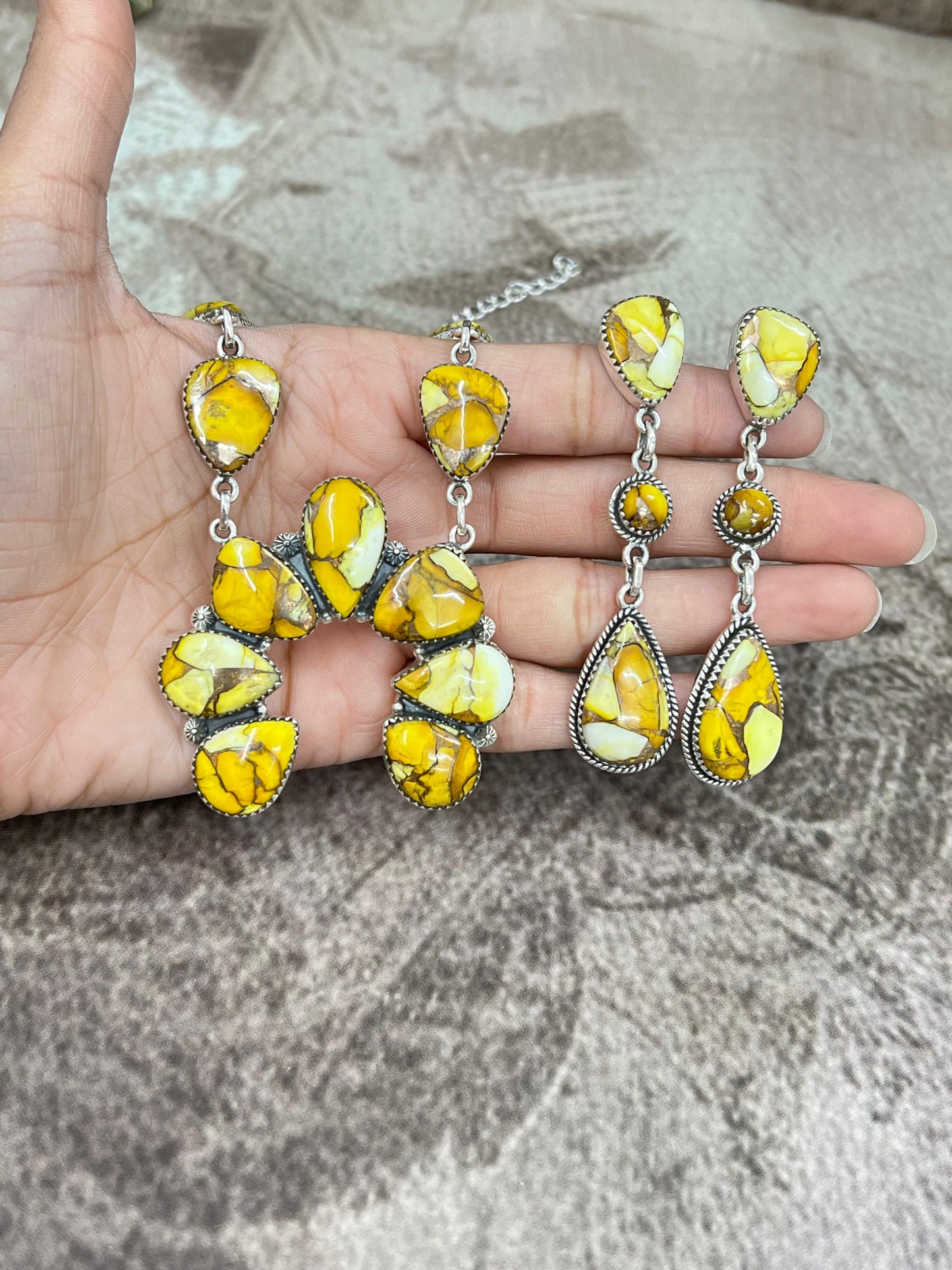 Handmade Sterling Silver Honey Dahlia Squash Blossom Necklace Earrings Set, Signed Nizhoni