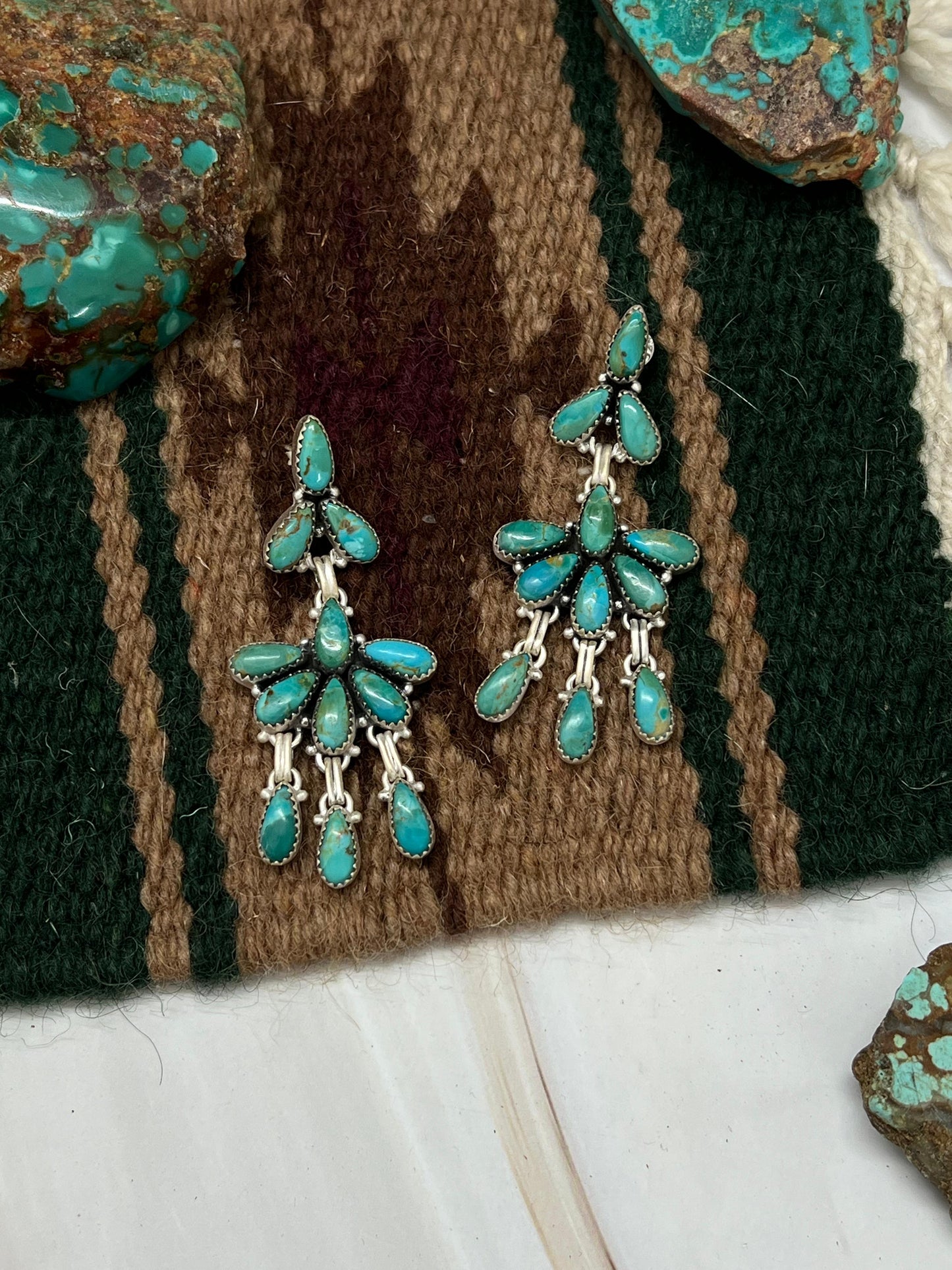 Handmade Sterling Silver Kingman Turquoise Post Dangle Earrings with Signed Nizhoni