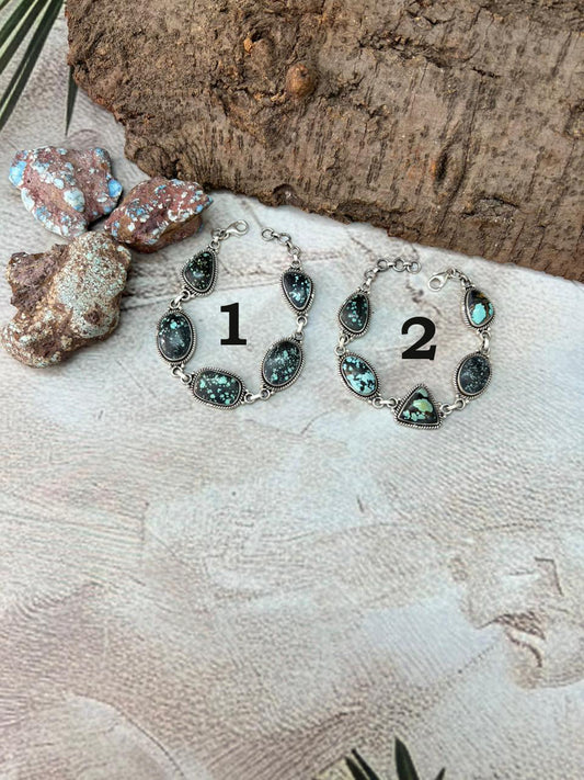 Handmade Sterling Silver Lander Turquoise Chain Bracelet with Signed Nizhoni