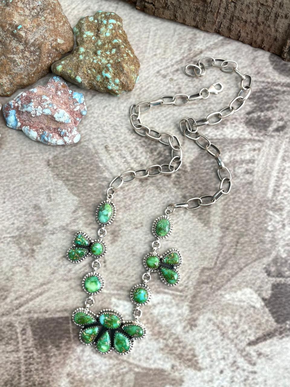 Handmade Sterling Silver Sonoran Mountain Turquoise Necklace with Signed Nizhoni