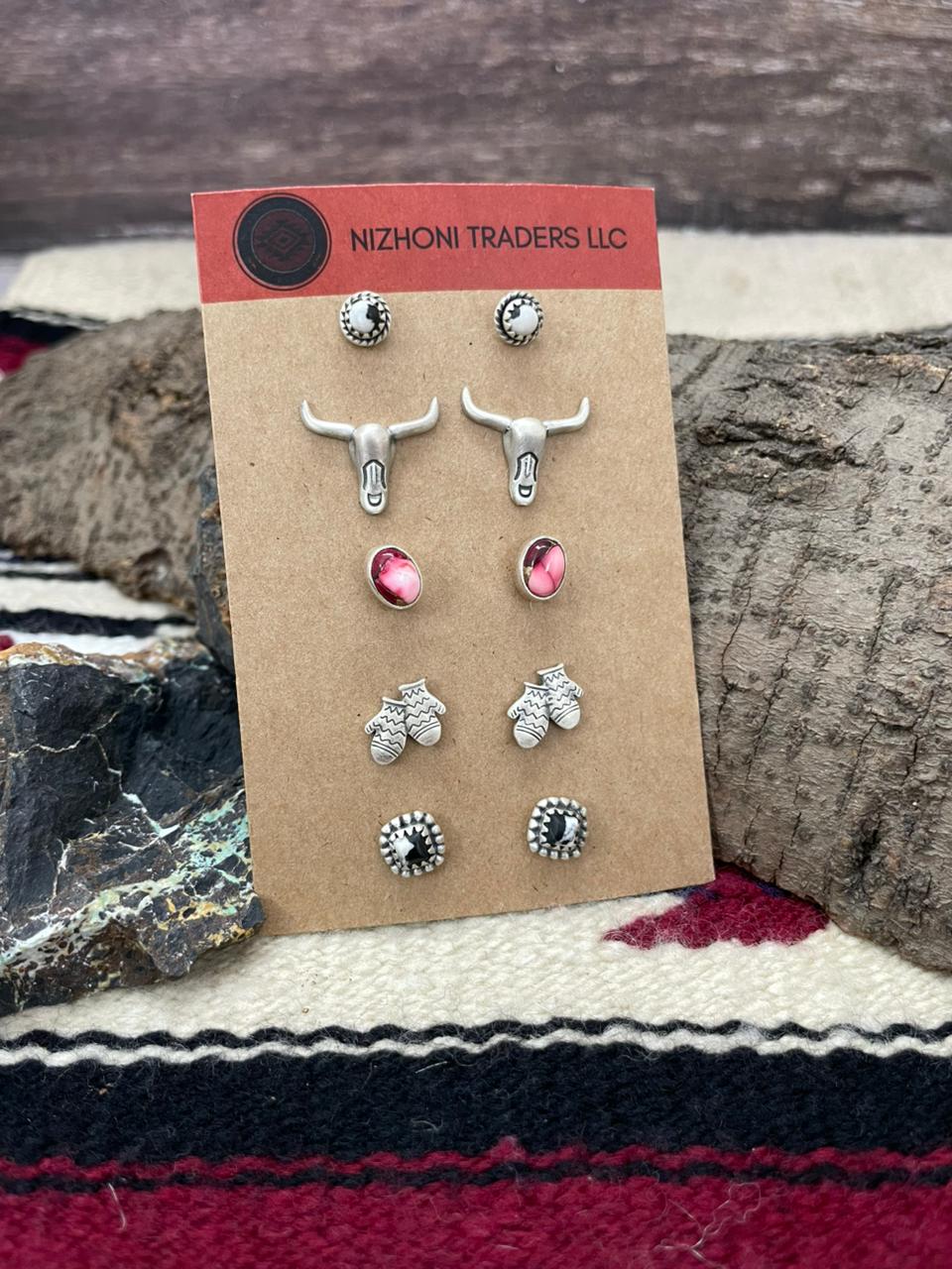 Handmade Sterling Silver White Buffalo with Dahlia Rose Studs (Cards) Earrings Set (10)