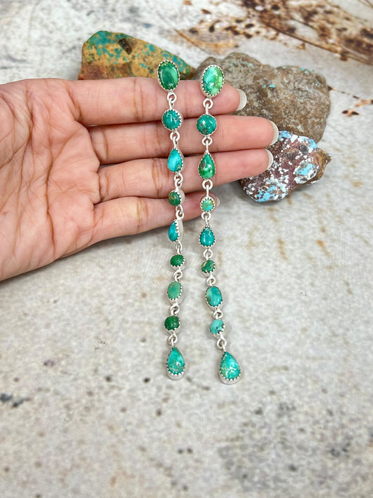 Handmade Sterling Silver Emerald Valley Post Dangle Earrings with Signed Nizhoni