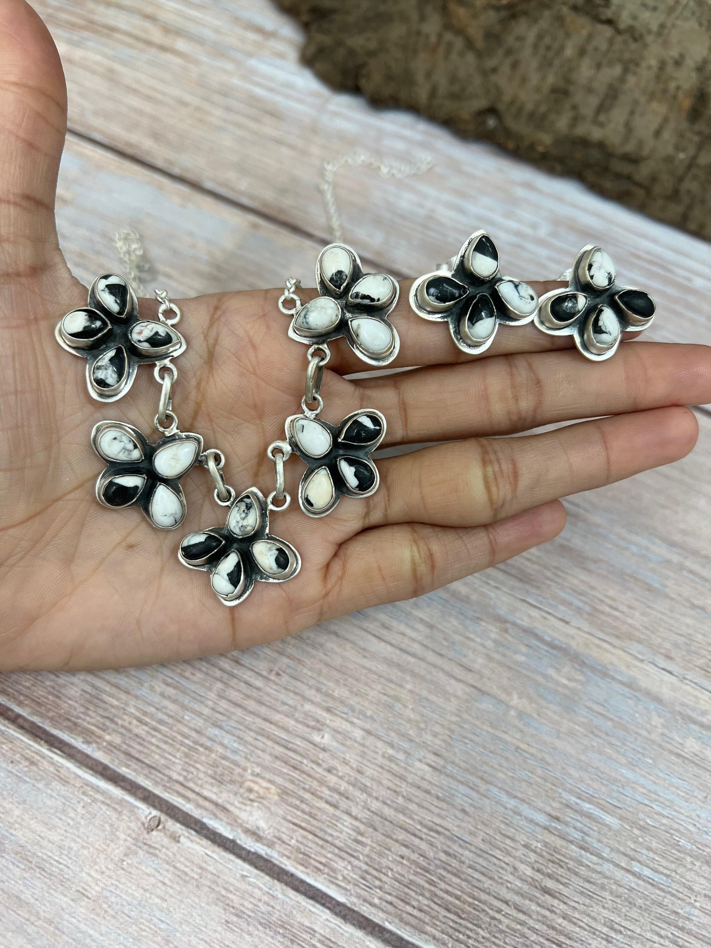 Handmade Sterling Silver White Buffalo Necklace & Earrings Set Signed Nizhoni