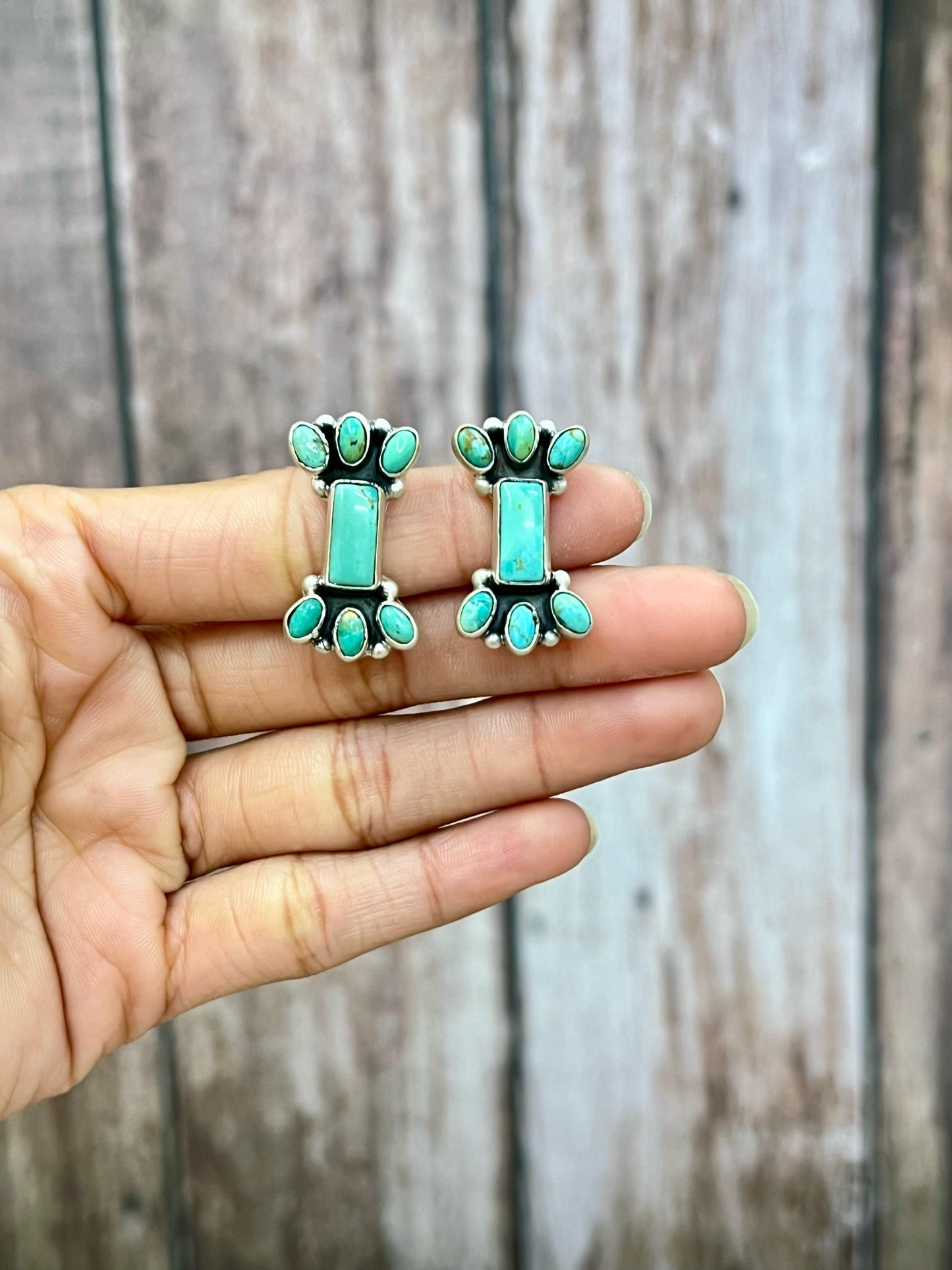 Handmade Sterling Silver Kingman Turquoise Post Earrings with Signed Nizhoni (7)