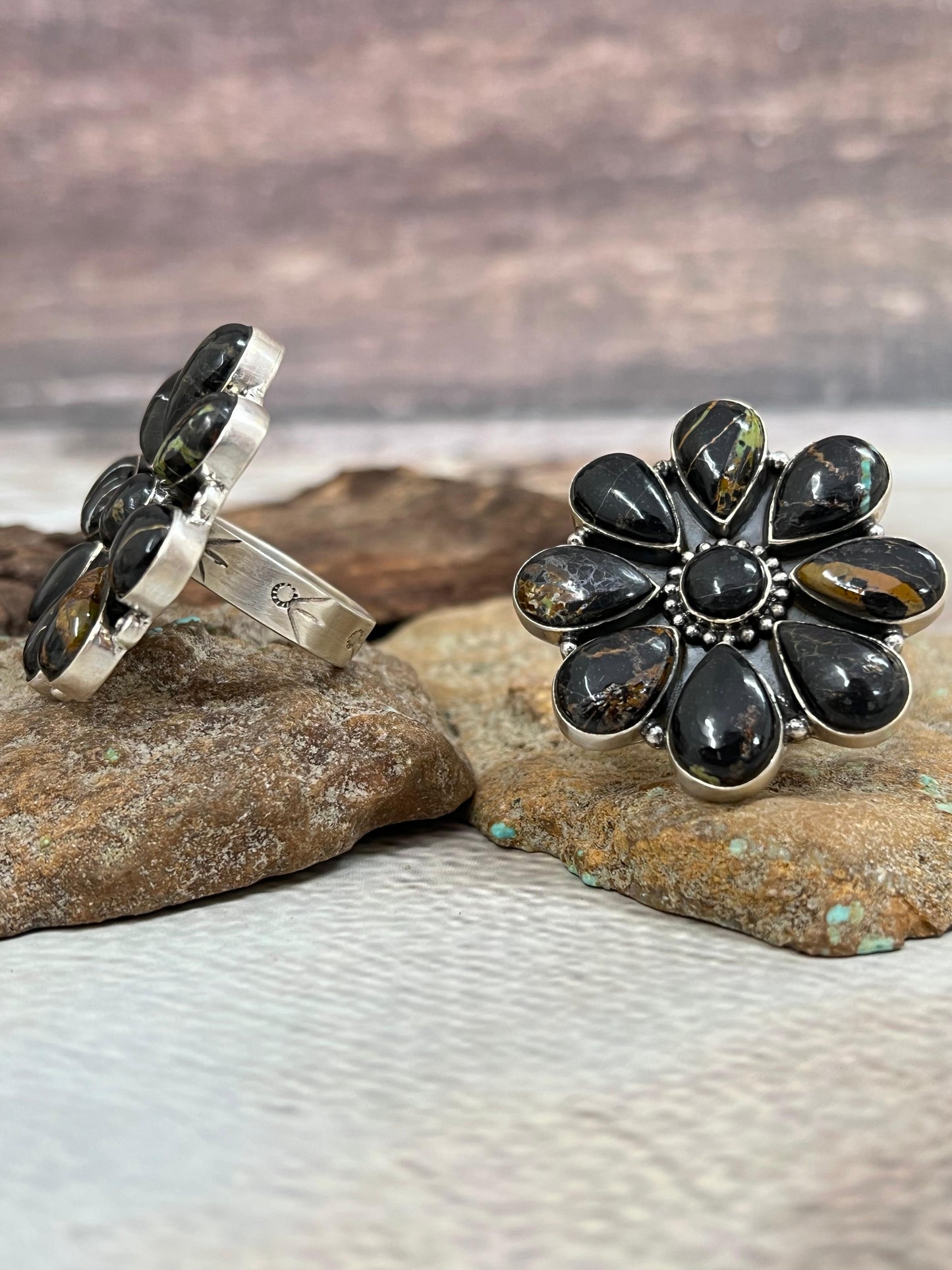 Handmade Sterling Silver Blackjack Turquoise Adjustable Ring Signed Nizhoni