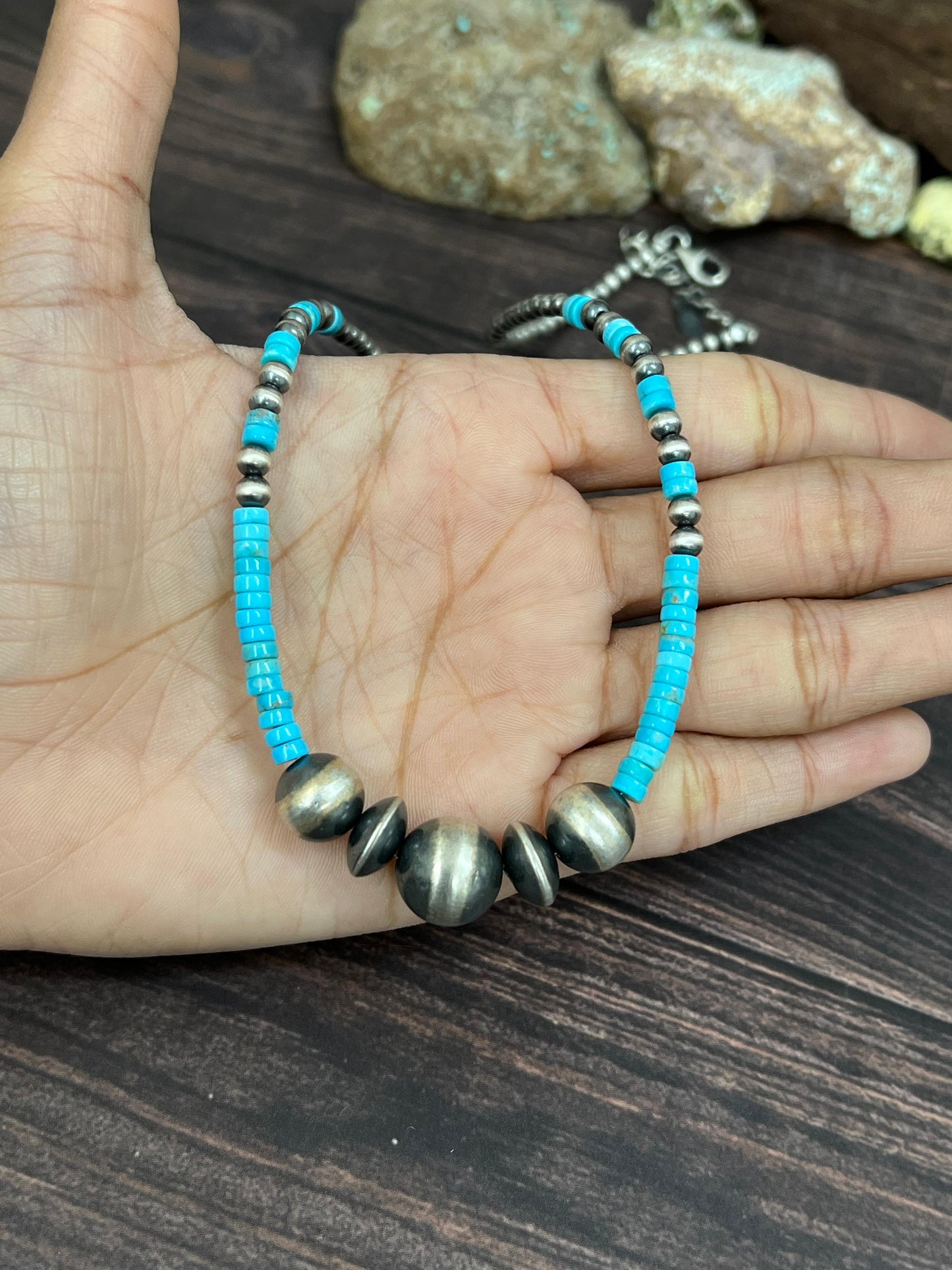 Handmade Sterling Silver Kingman Turquoise Beaded Necklace with Signed Nizhoni