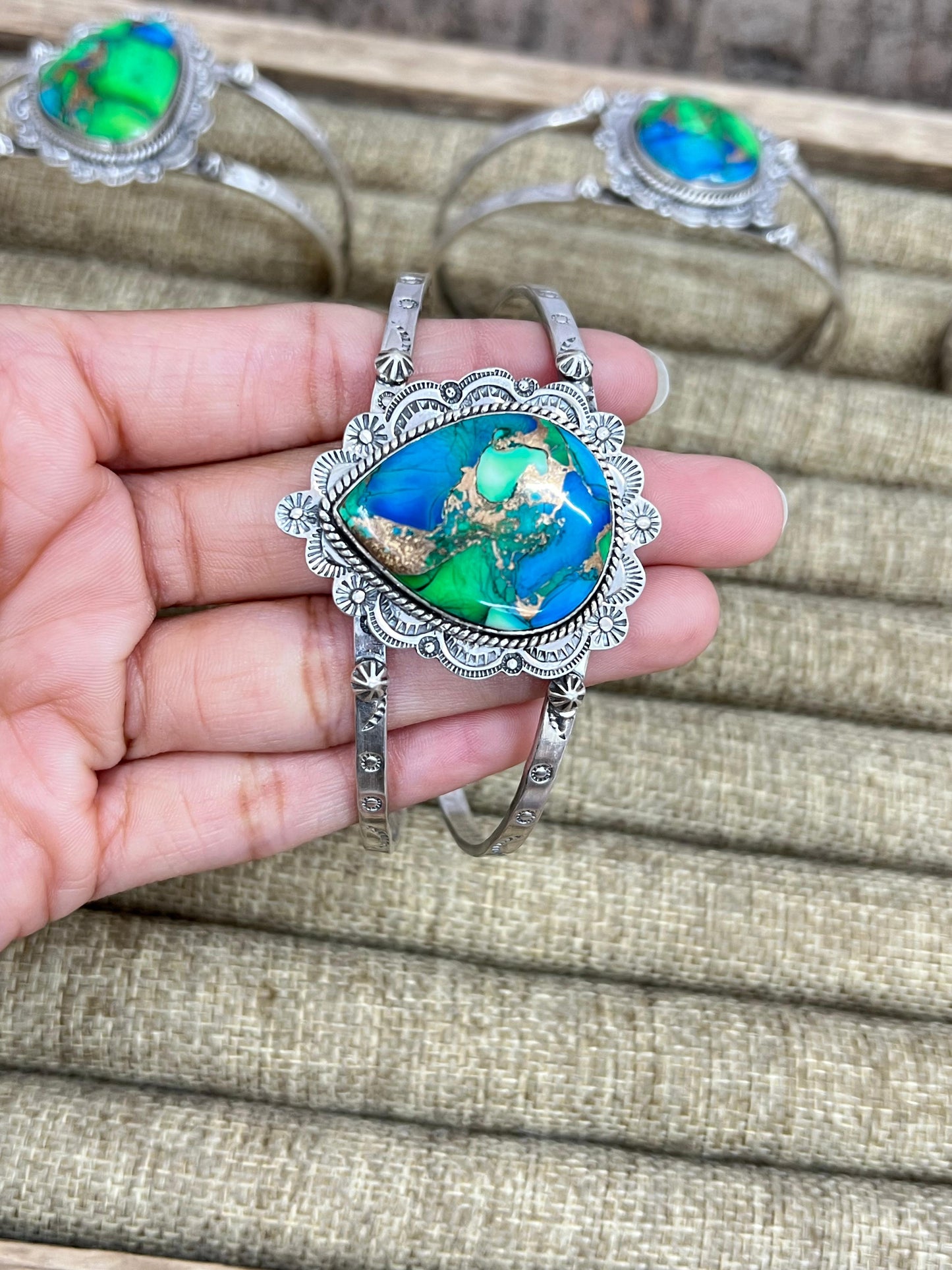 Handmade Sterling Silver Peacock Dahlia Cuff Bracelet with Signed Nizhoni