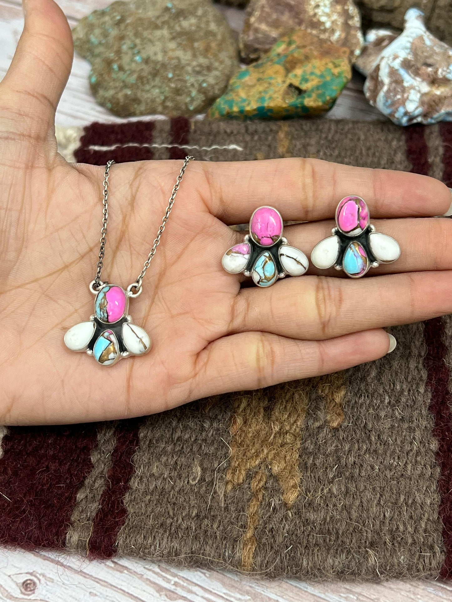 Handmade Sterling Silver Cotton Candy  Necklace Earrings Set with Signed Nizhoni