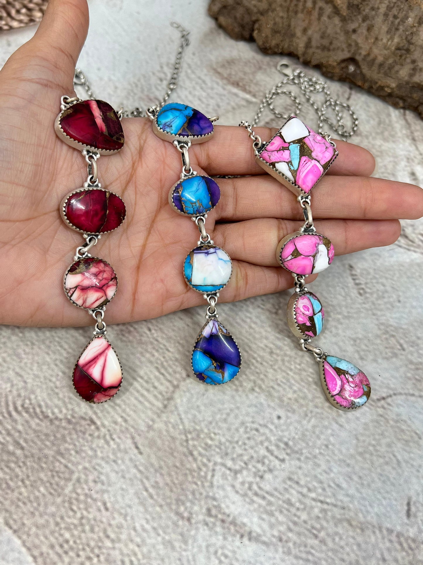 Handmade Sterling Silver Multi Stone Necklace with Signed Nizhoni