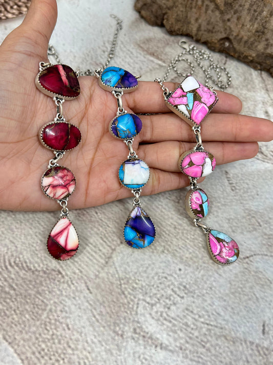 Handmade Sterling Silver Multi Stone Necklace with Signed Nizhoni