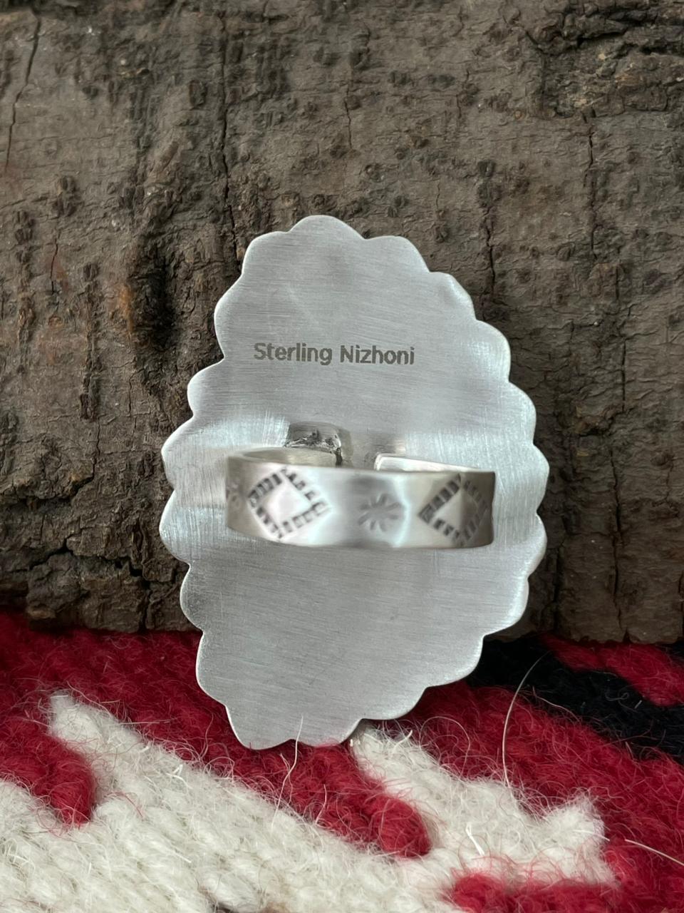 Handmade Sterling Silver Dahlia Rose With Emerald Valley Turquoise Ring "Signed Nizhoni"