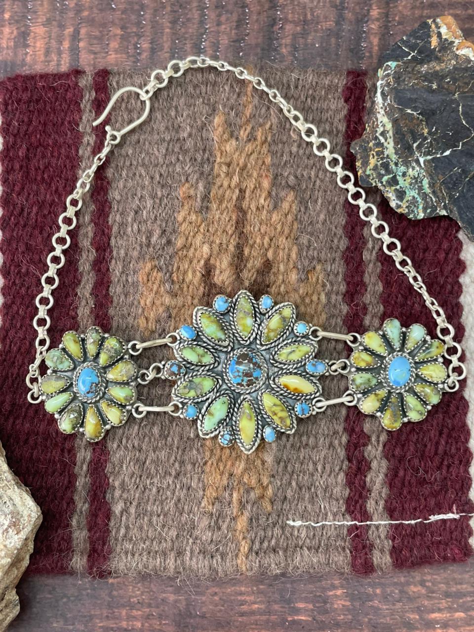 Handmade Sterling Silver Palomino with Golden Hills Turquoise Choker Necklace "Signed Nizhoni"