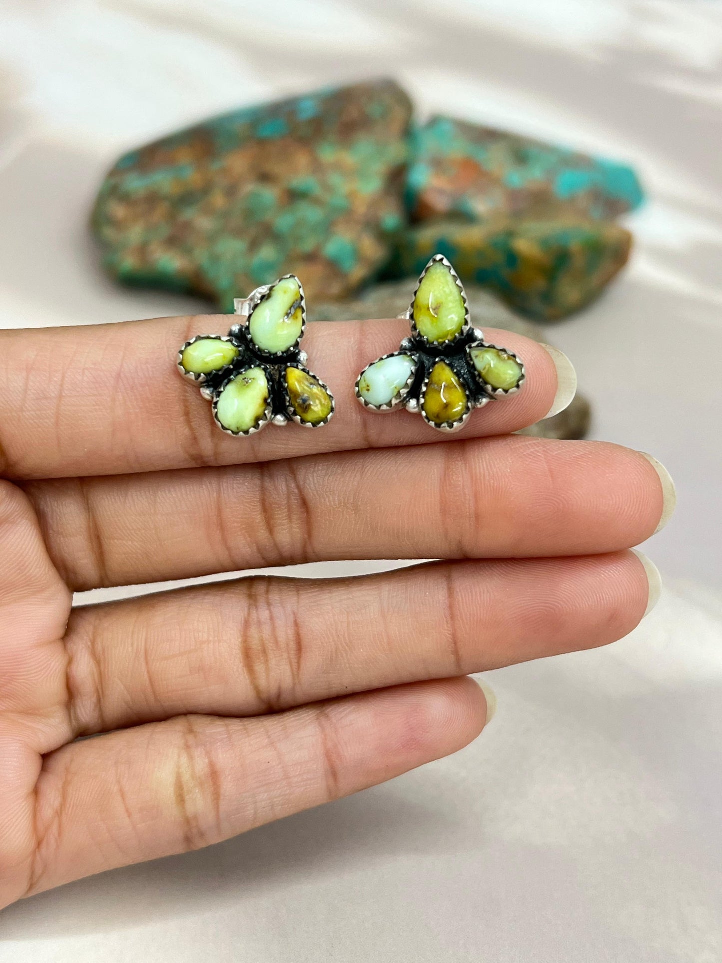 Handmade Sterling Silver Palomino Turquoise Post Studs with Signed Nizhoni