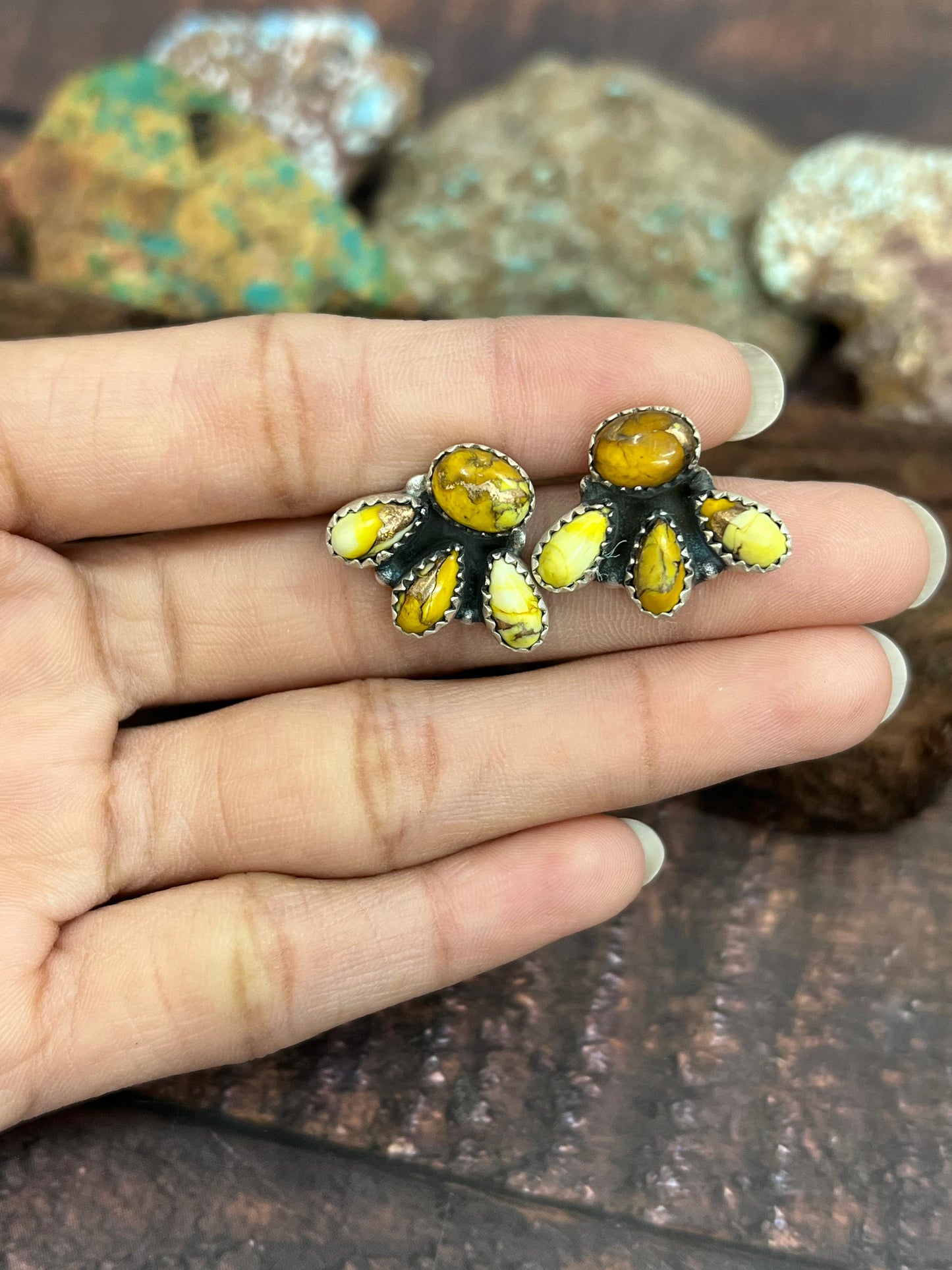 Handmade Sterling Silver Honey Dahlia Post Studs with Signed Nizhoni