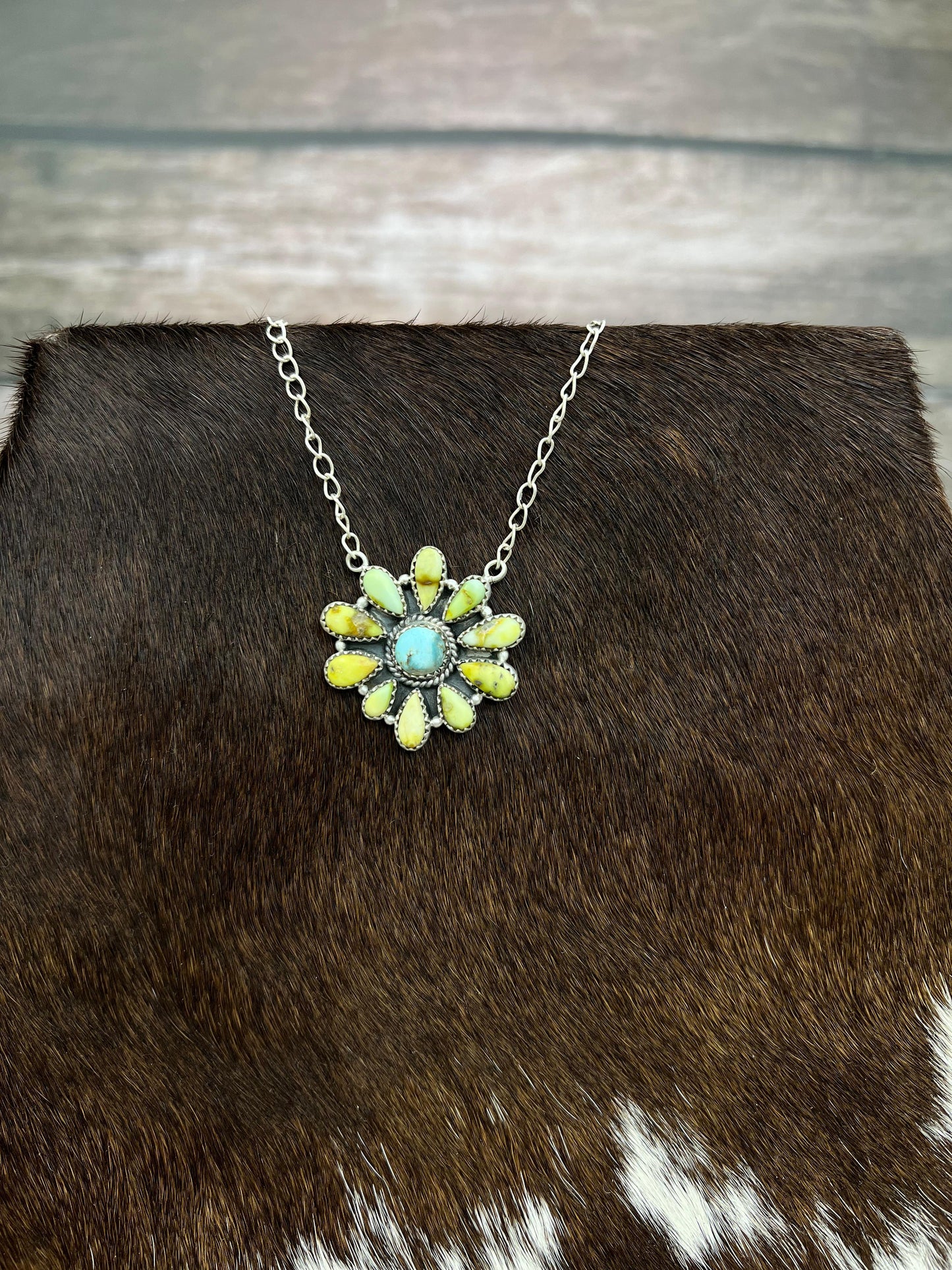 Handmade Sterling Silver Palomino, Golden Hills Turquoise Necklace with Signed Nizhoni
