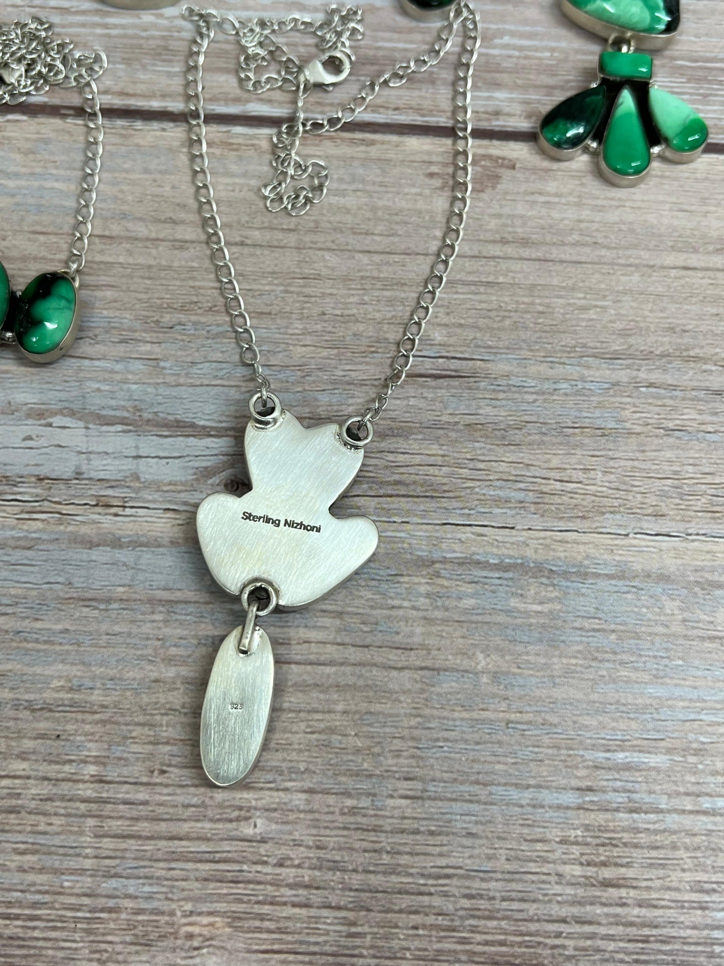 Handmade Sterling Silver Emerald Rose Necklace with Signed Nizhoni