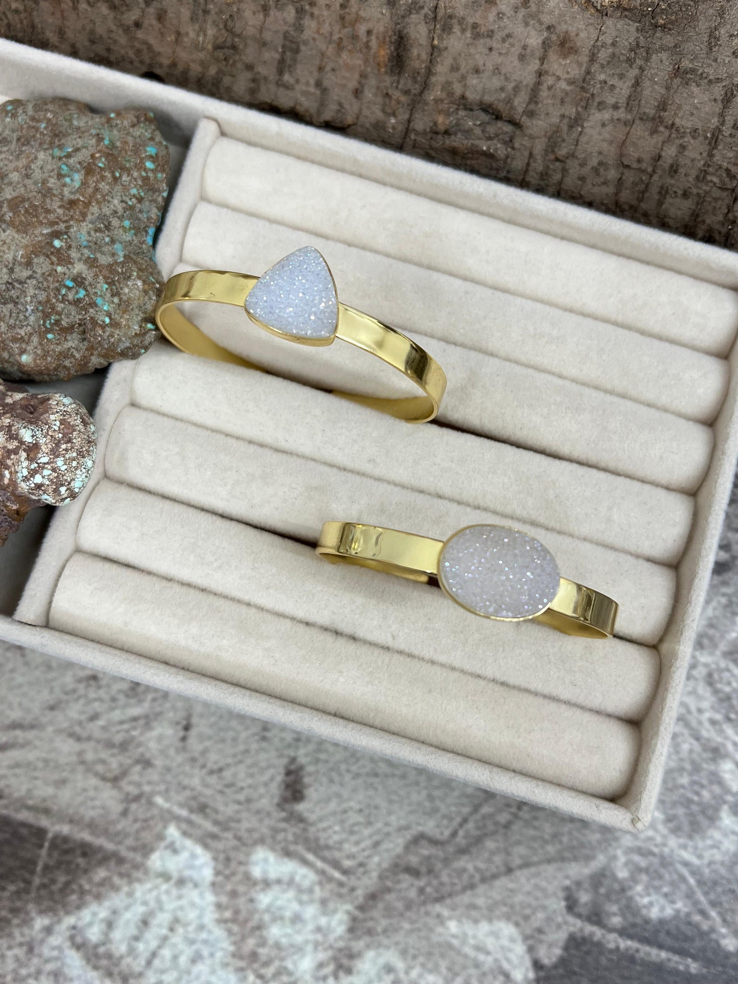 “The Boho Collection” Handmade Natural Gold Plated White Druzy Cuff Bracelet
