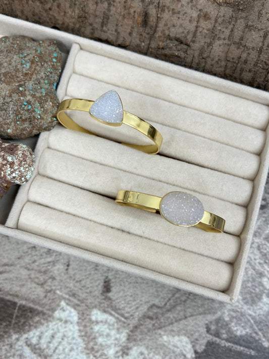 “The Boho Collection” Handmade Natural Gold Plated White Druzy Cuff Bracelet