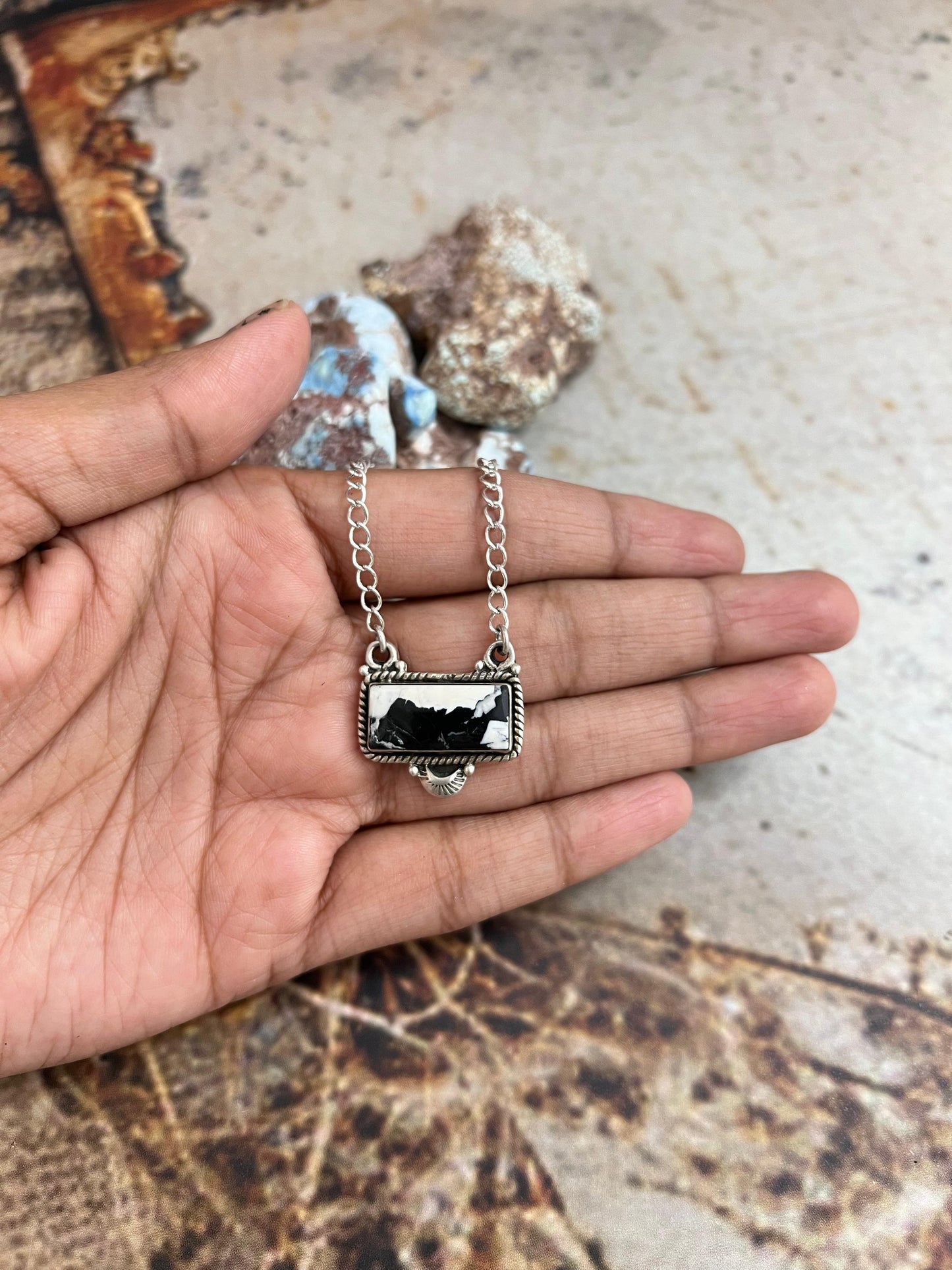 Handmade Sterling Silver White Buffalo Bar Necklace with Signed Nizhoni