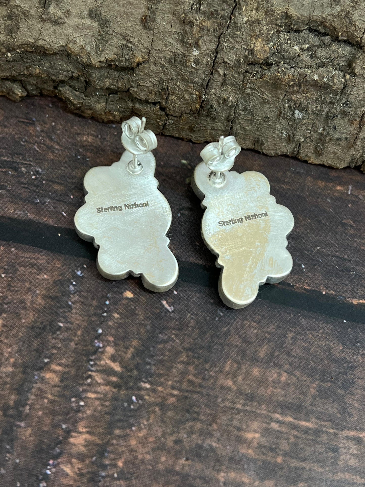 Handmade Sterling Silver Cotton Candy Turquoise Crescent Post Earrings with Signed Nizhoni