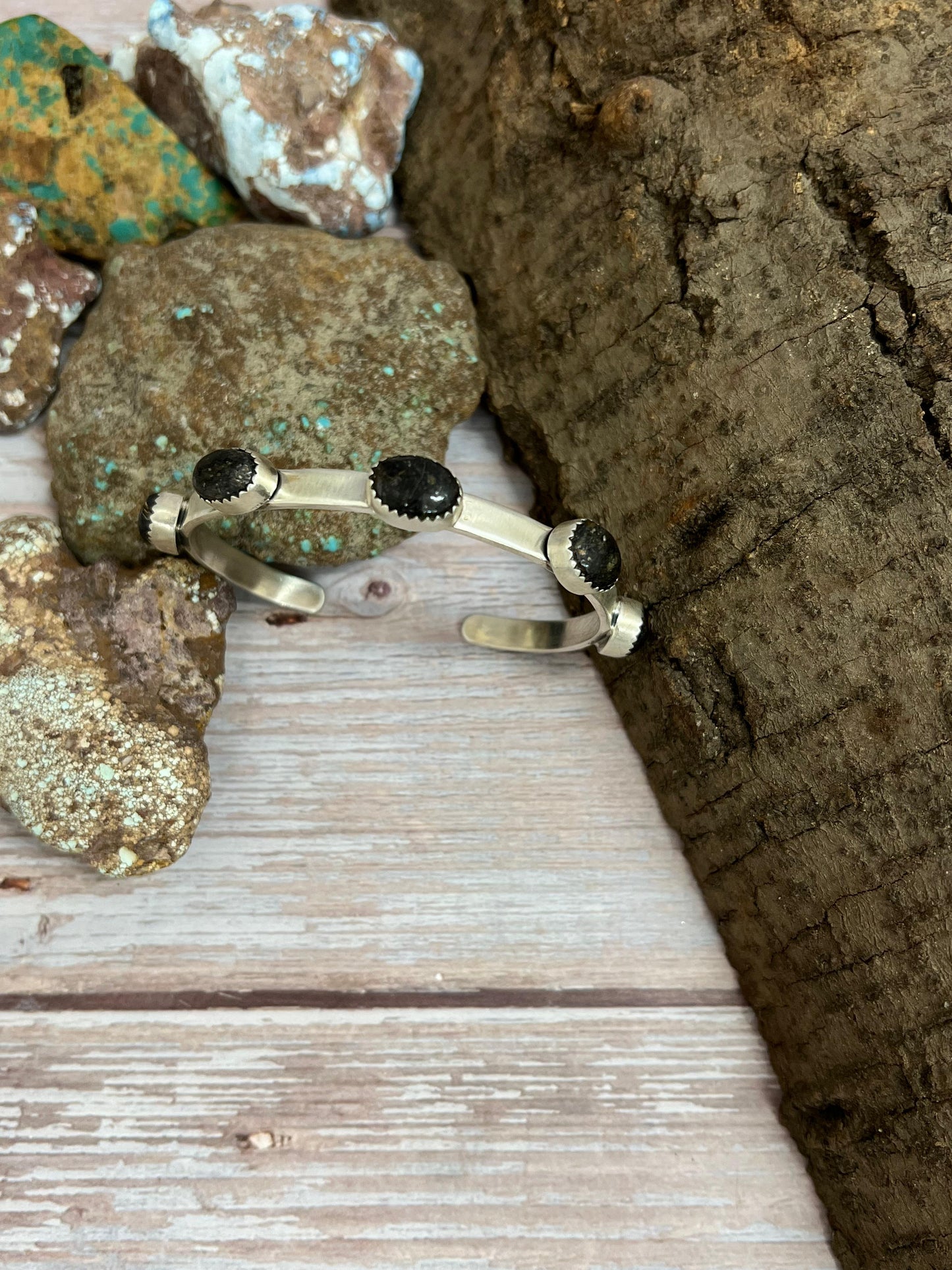 Handmade Sterling Silver Black Jack Cuff Bracelet with Signed Nizhoni